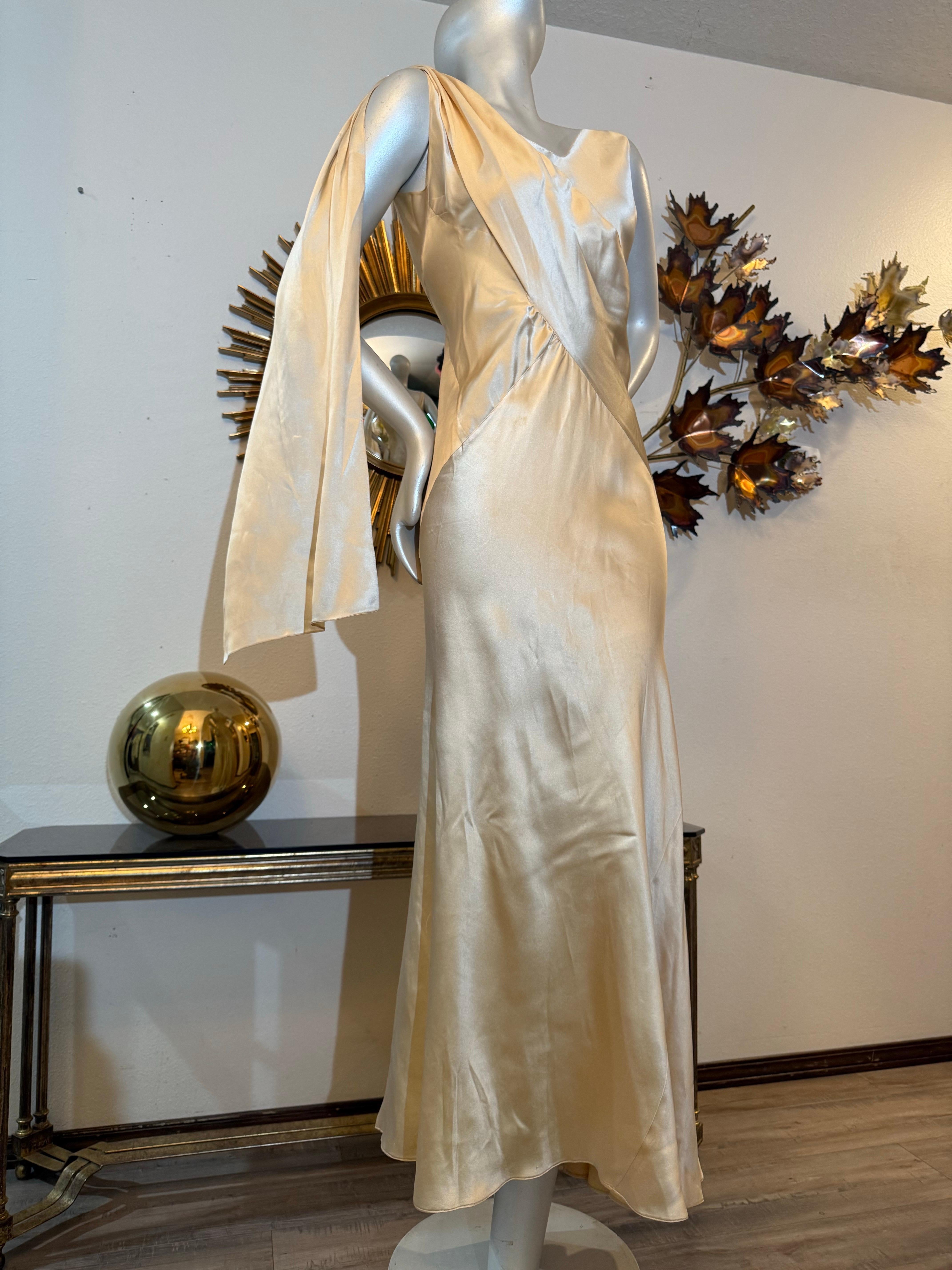 1930s Stunning Slinky Ivory Satin Bias-Cut Trumpet-Skirt Gown w Shoulder Scarf:  This is a stunning authentic 1930s bias silk satin gown that can easily go from wedding gown to gala! Beautifully tailored diagonal panels sinuously wrap around the