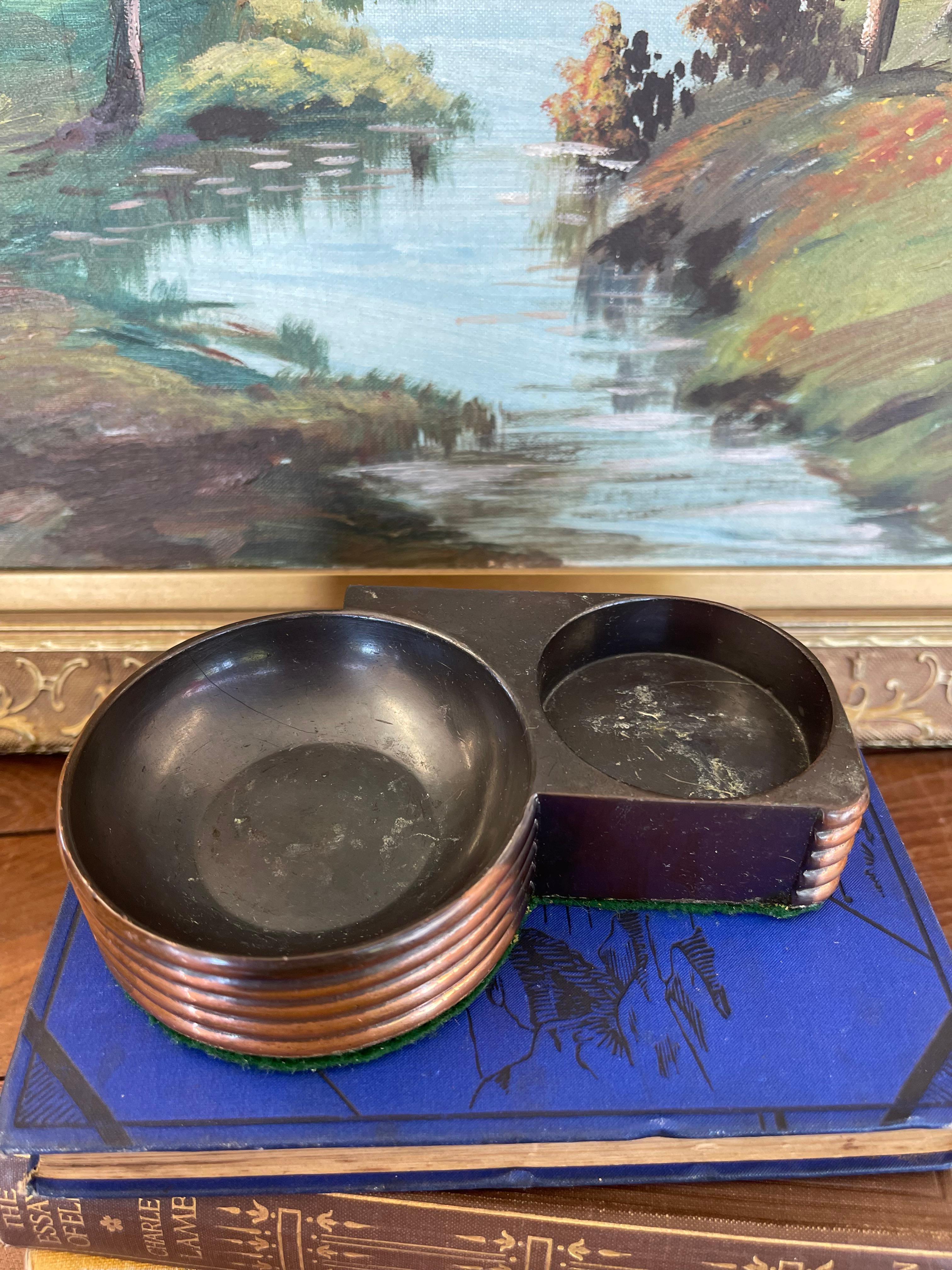 Mid-20th Century 1930s Style Art Deco Machine Age Copper Toned and Bakelite Double Ashtray. For Sale