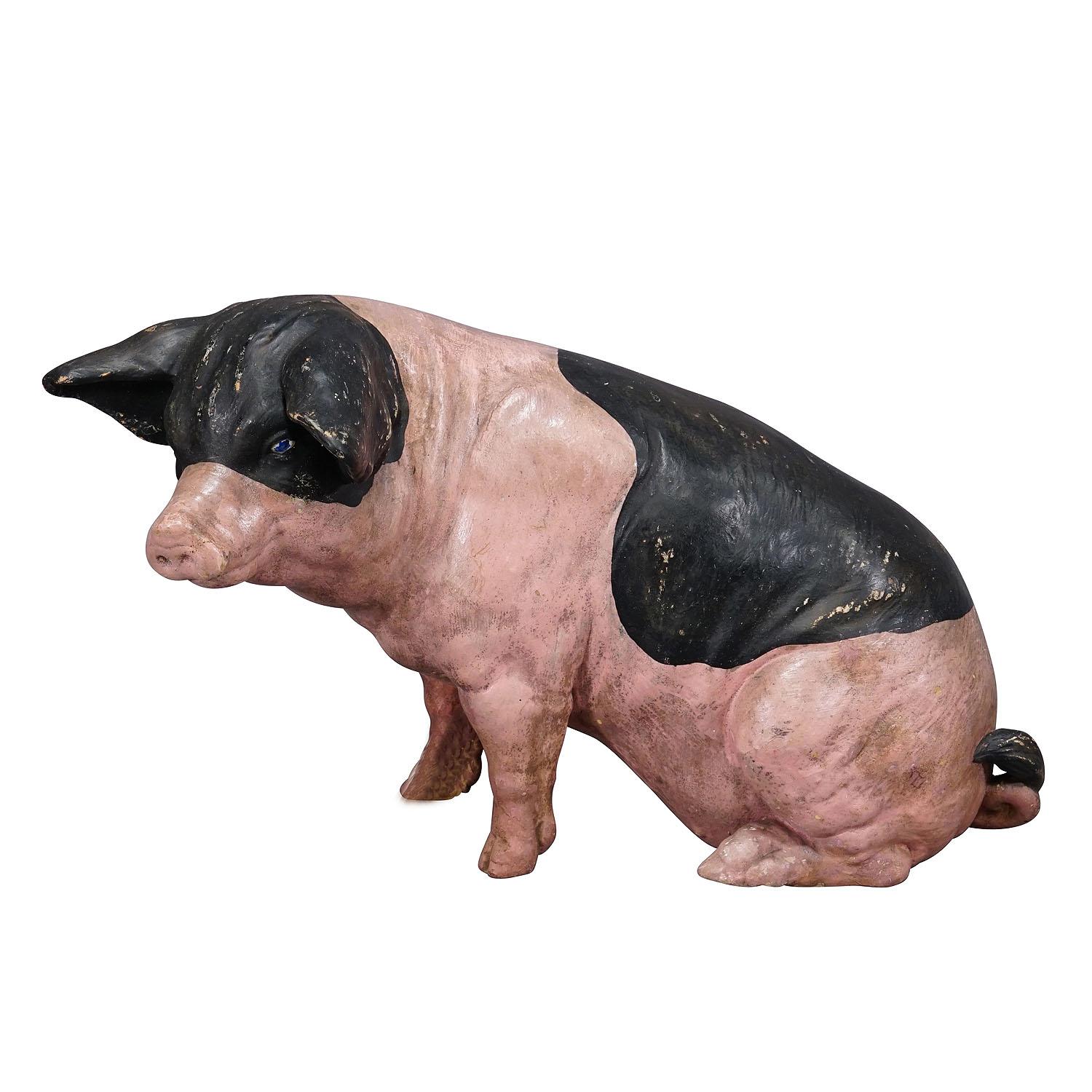 1930s Swabian Hallic Country Pig Made of Terracotta

A vintage statue of a Swabian hallic country pig. It was used as shop window decoration in a German butchery. The statue is made of teracotta and was manufactured most probably by Heissner around