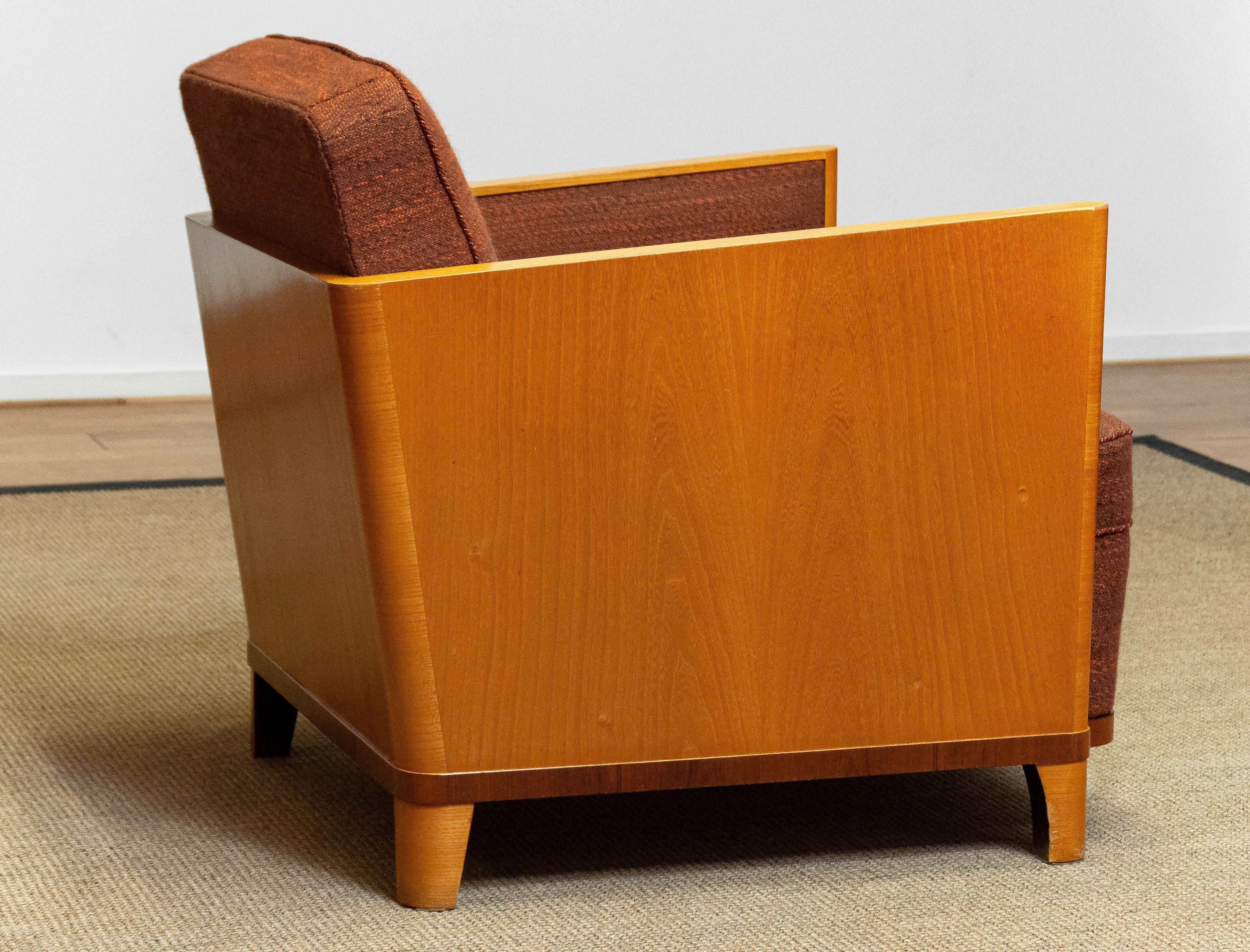 1930's Swedish Art Deco Chair with Elm Base and Dark Brown Wool by Erik Chambert For Sale 6