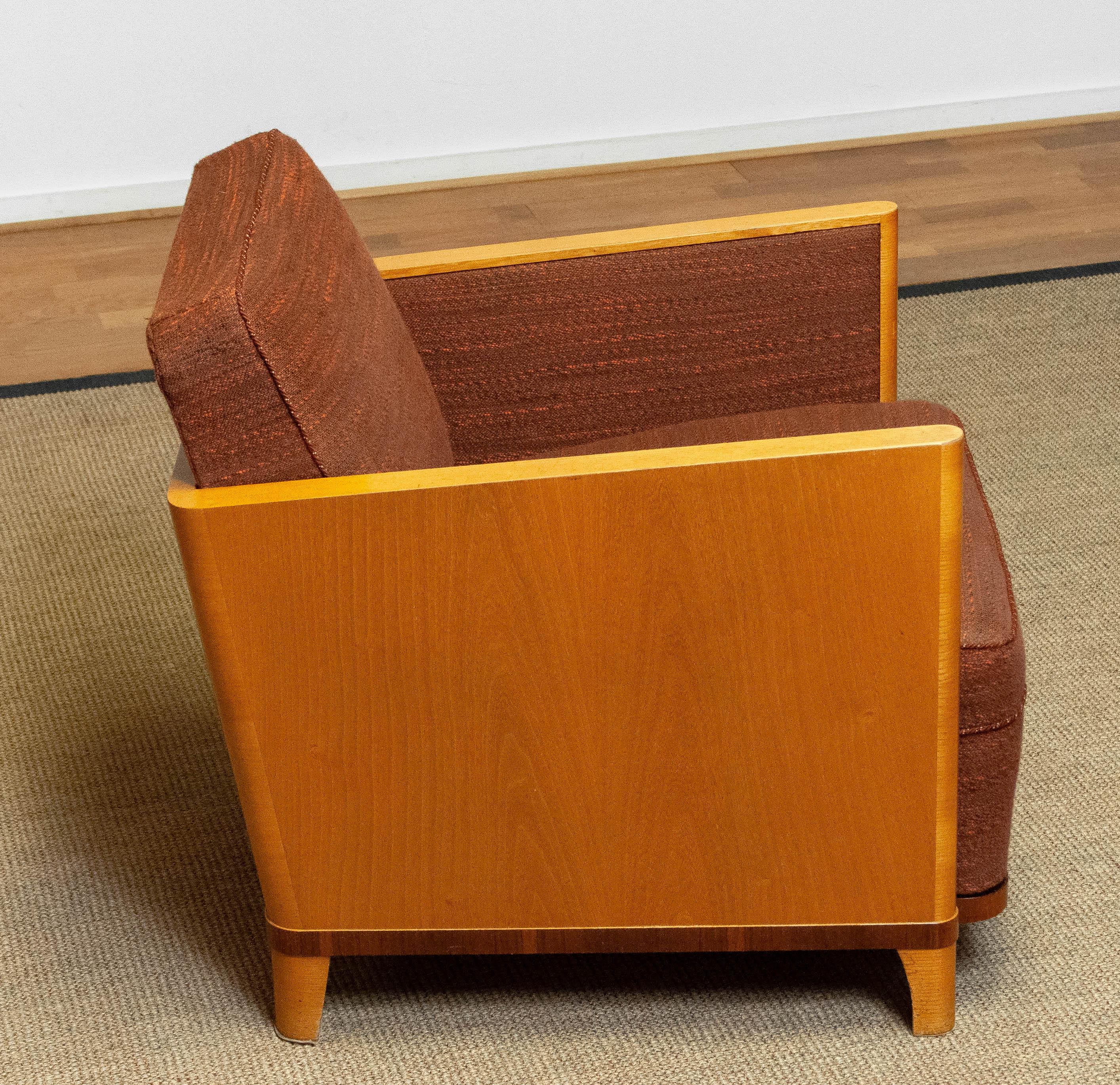 1930's Swedish Art Deco Chair with Elm Base and Dark Brown Wool by Erik Chambert For Sale 3