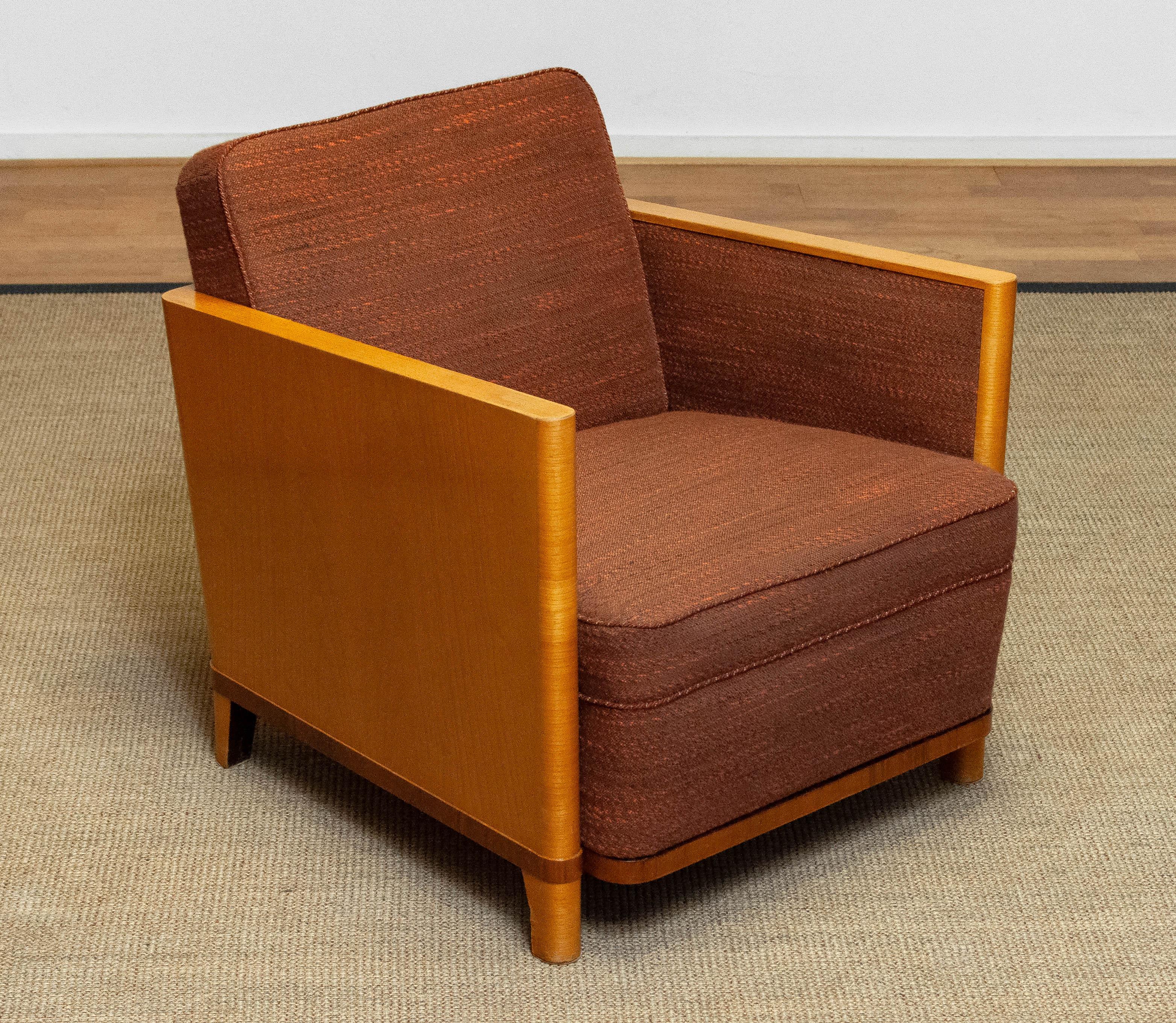 1930's Swedish Art Deco Chair with Elm Base and Dark Brown Wool by Erik Chambert In Good Condition In Silvolde, Gelderland