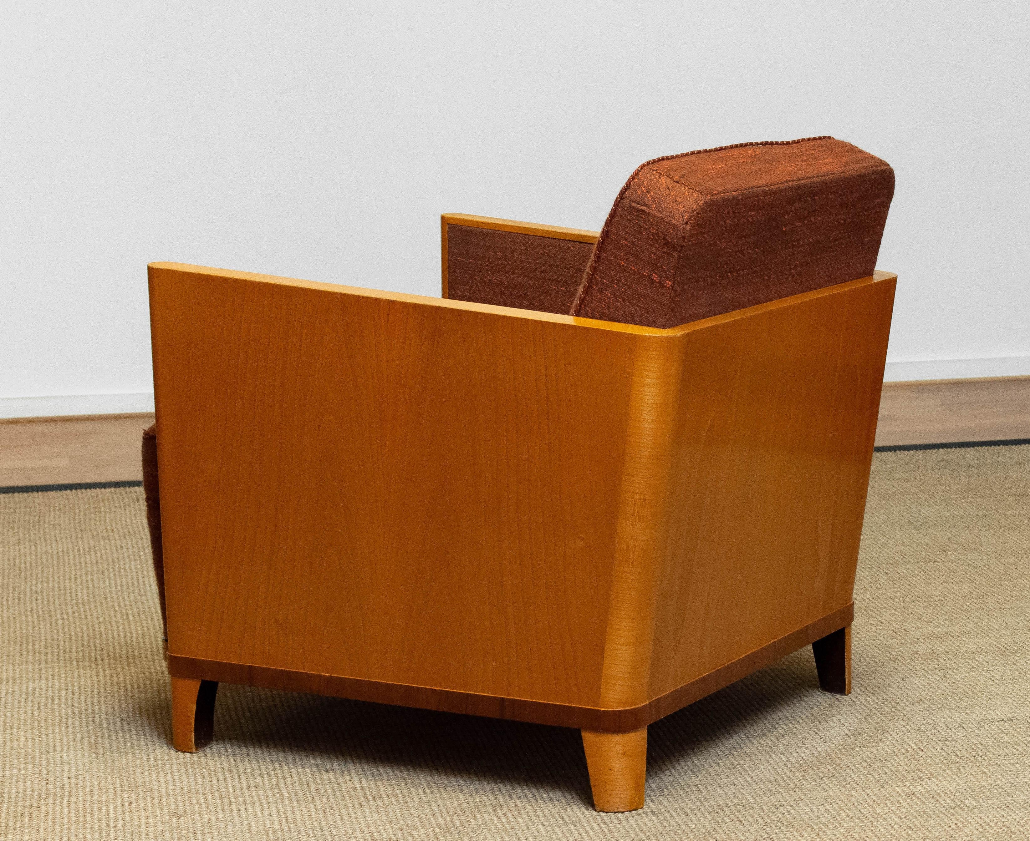 1930's Swedish Art Deco Chair with Elm Base and Dark Brown Wool by Erik Chambert For Sale 1