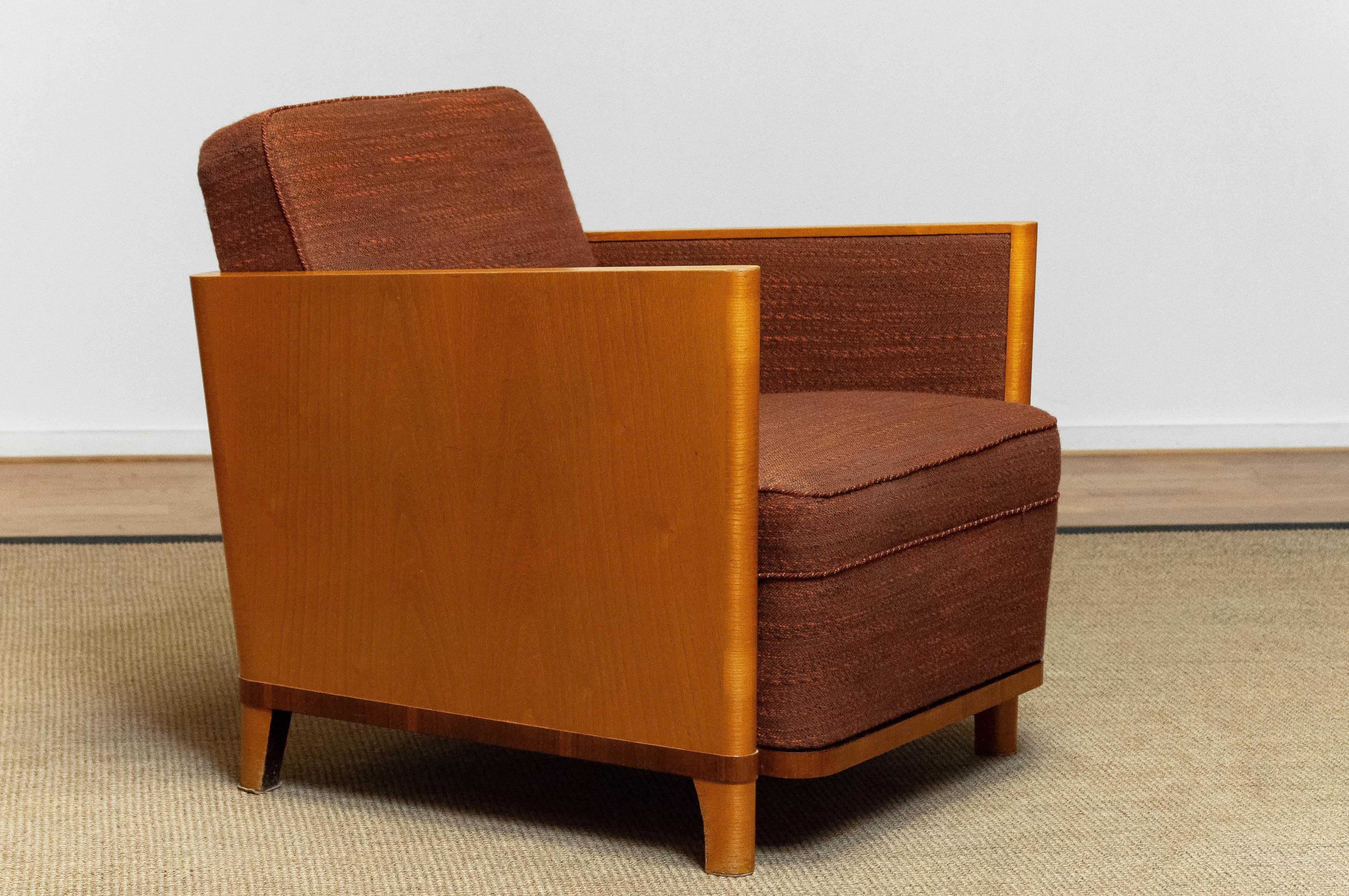 Mid-20th Century 1930's Swedish Art Deco Chair with Elm Base and Dark Brown Wool by Erik Chambert For Sale