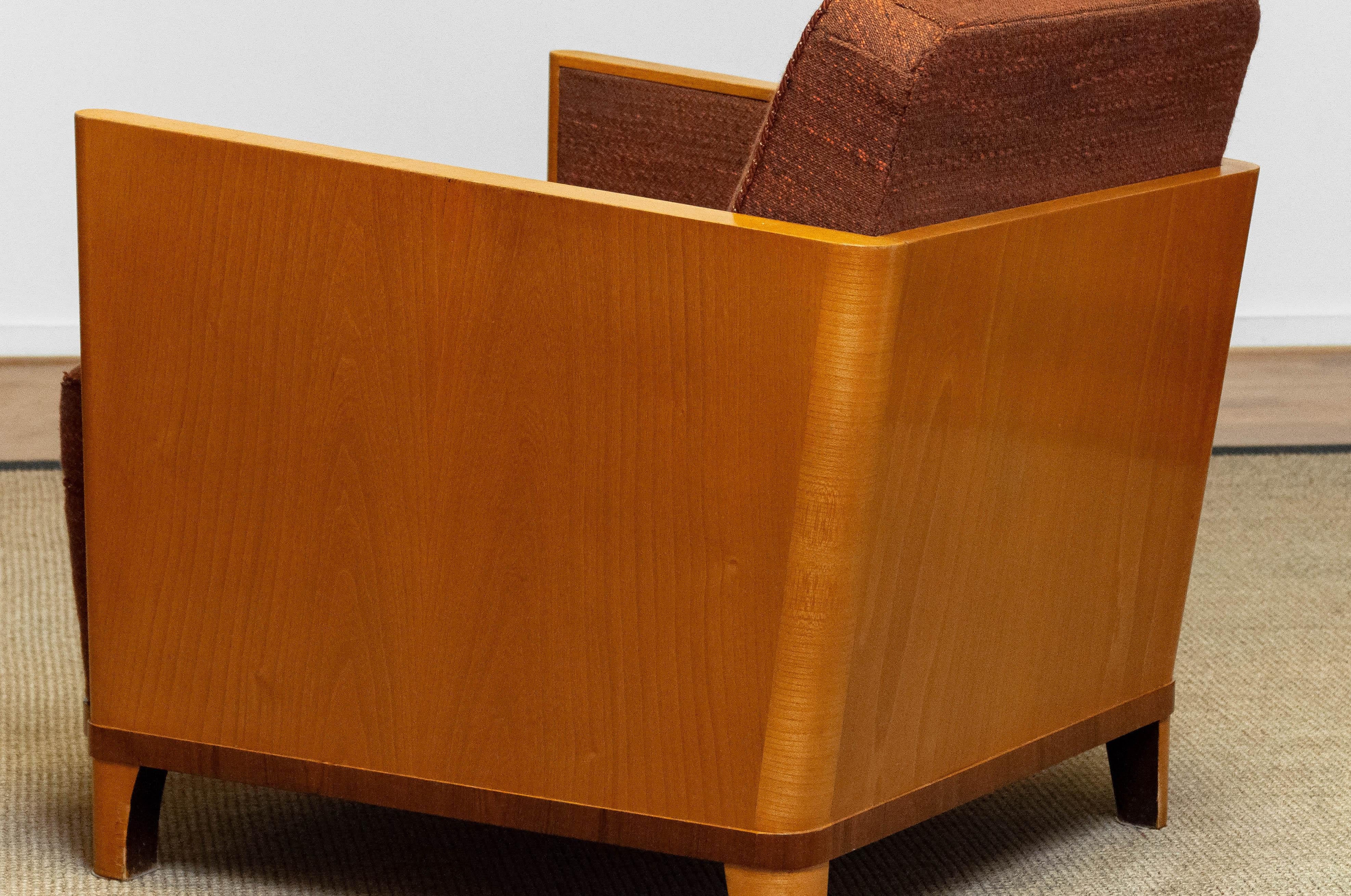 1930's Swedish Art Deco Chair with Elm Base and Dark Brown Wool by Erik Chambert For Sale 3