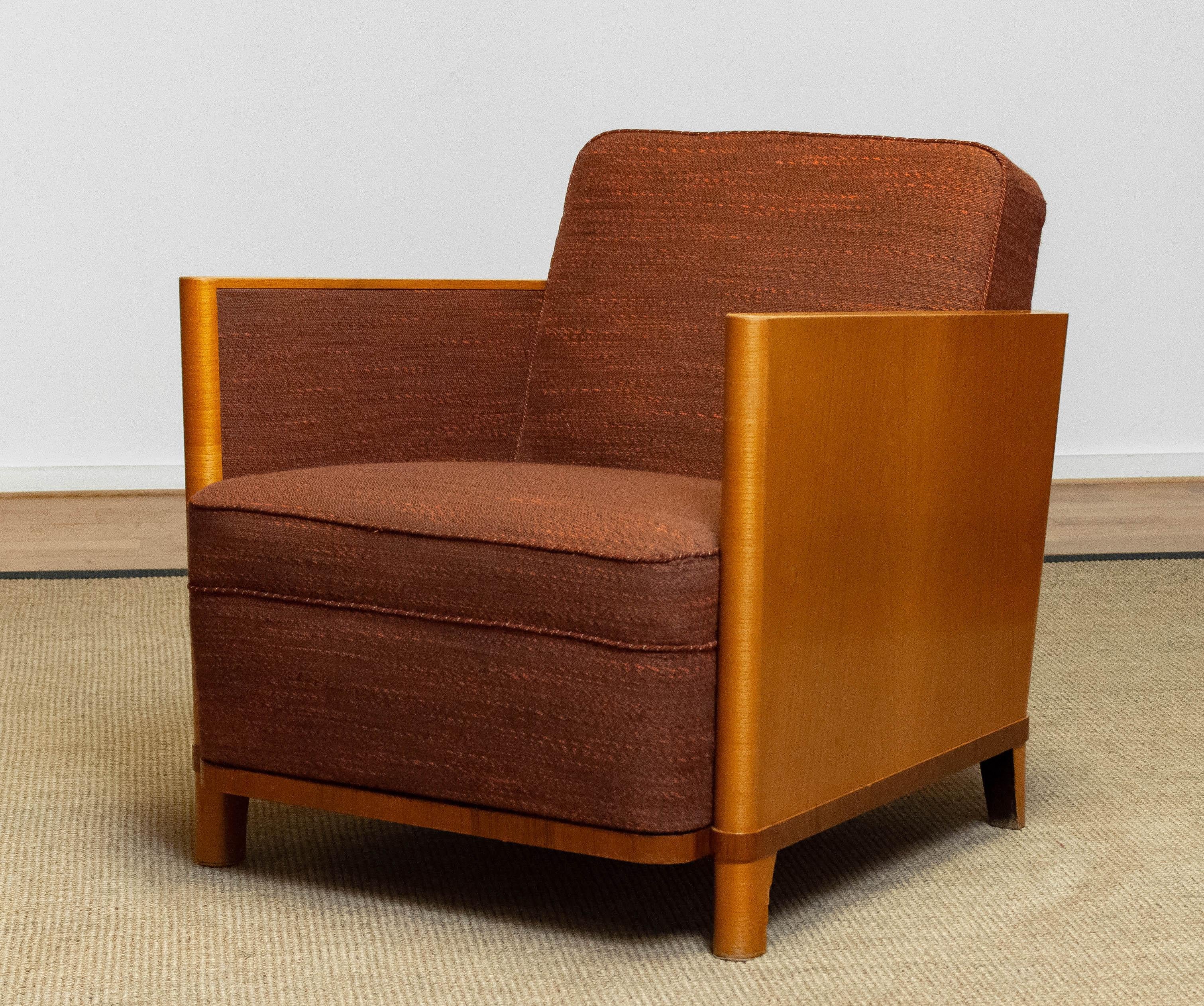 1930's Swedish Art Deco Chair with Elm Base and Dark Brown Wool by Erik Chambert For Sale 4