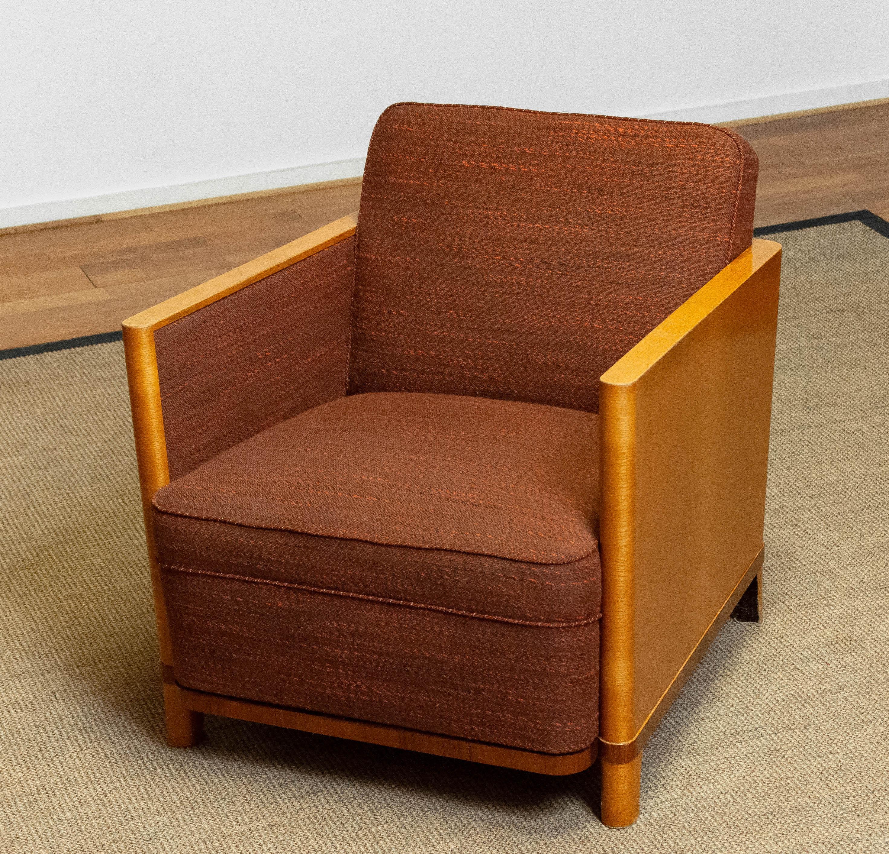 1930's Swedish Art Deco Chair with Elm Base and Dark Brown Wool by Erik Chambert For Sale 3