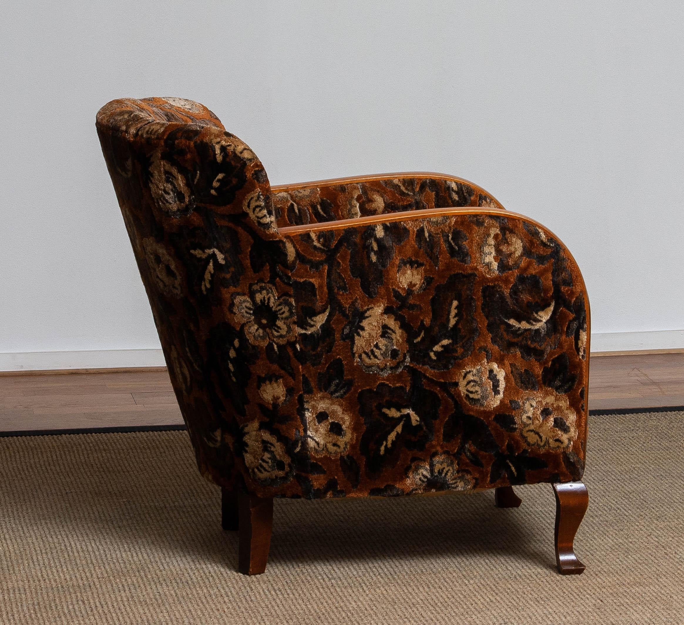 1930's Swedish Art Deco Club / Lounge Chair with Floral Rust Jacquard Velvet 6