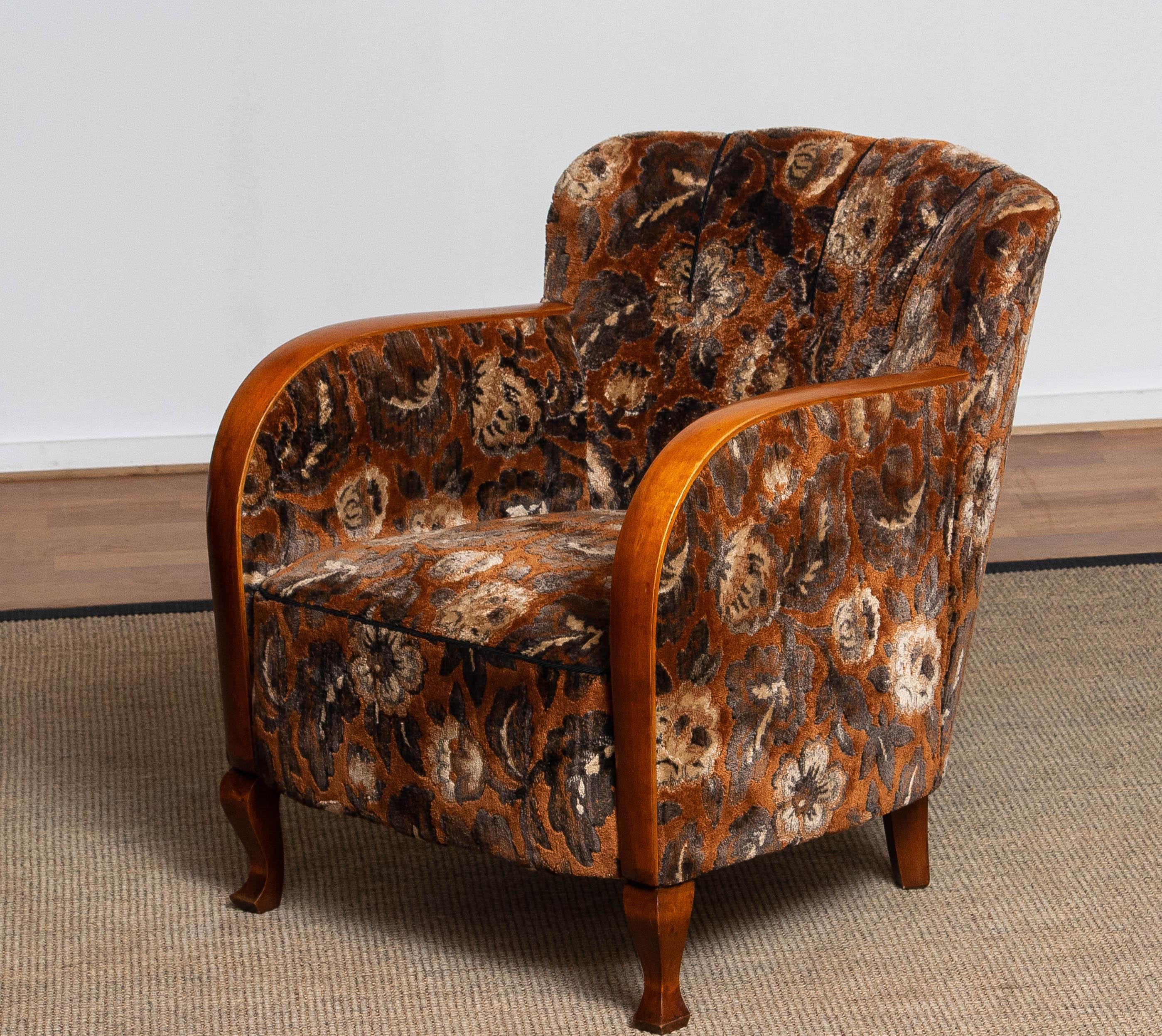 1930's Swedish Art Deco Club / Lounge Chair with Floral Rust Jacquard Velvet 7