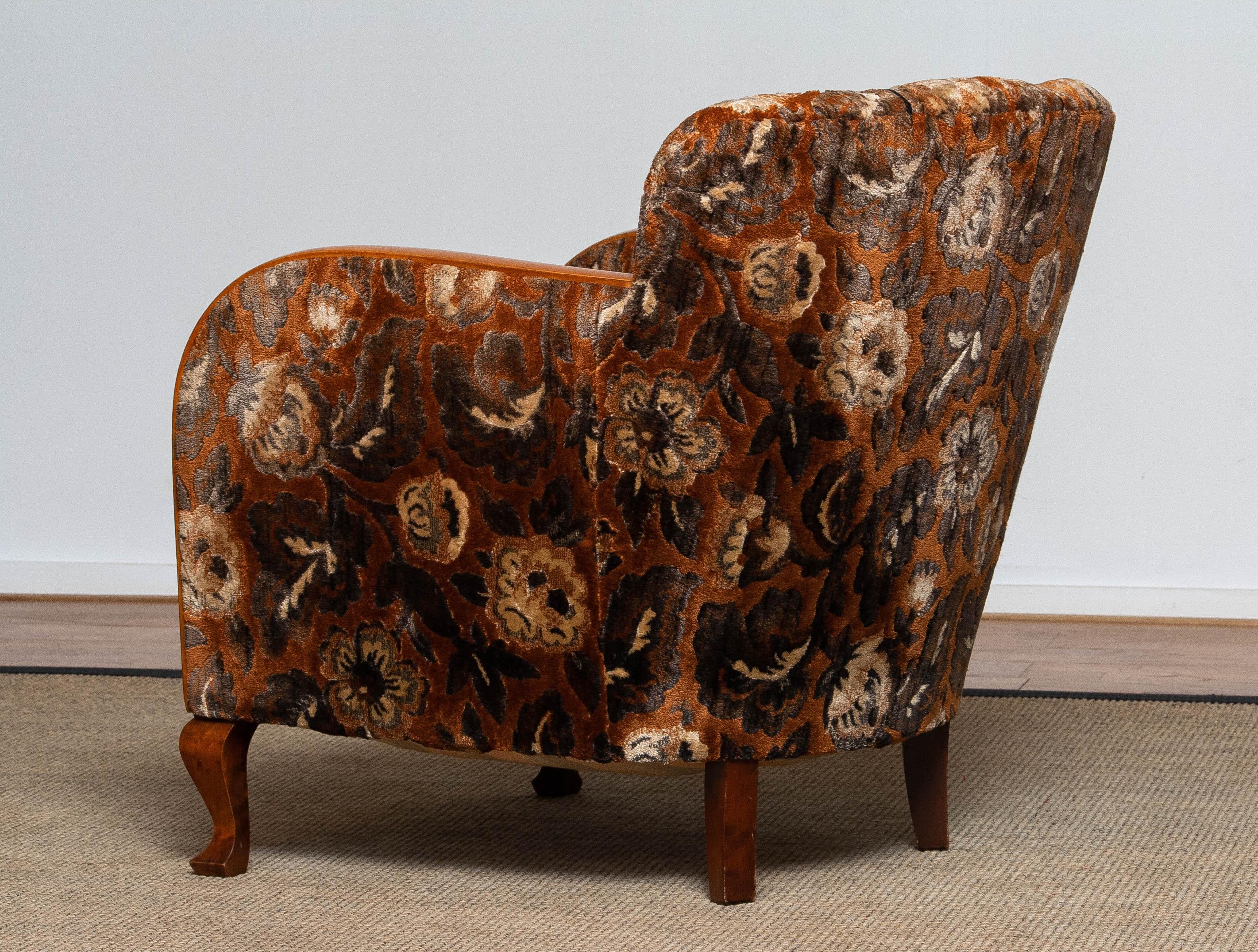 Mid-20th Century 1930's Swedish Art Deco Club / Lounge Chair with Floral Rust Jacquard Velvet