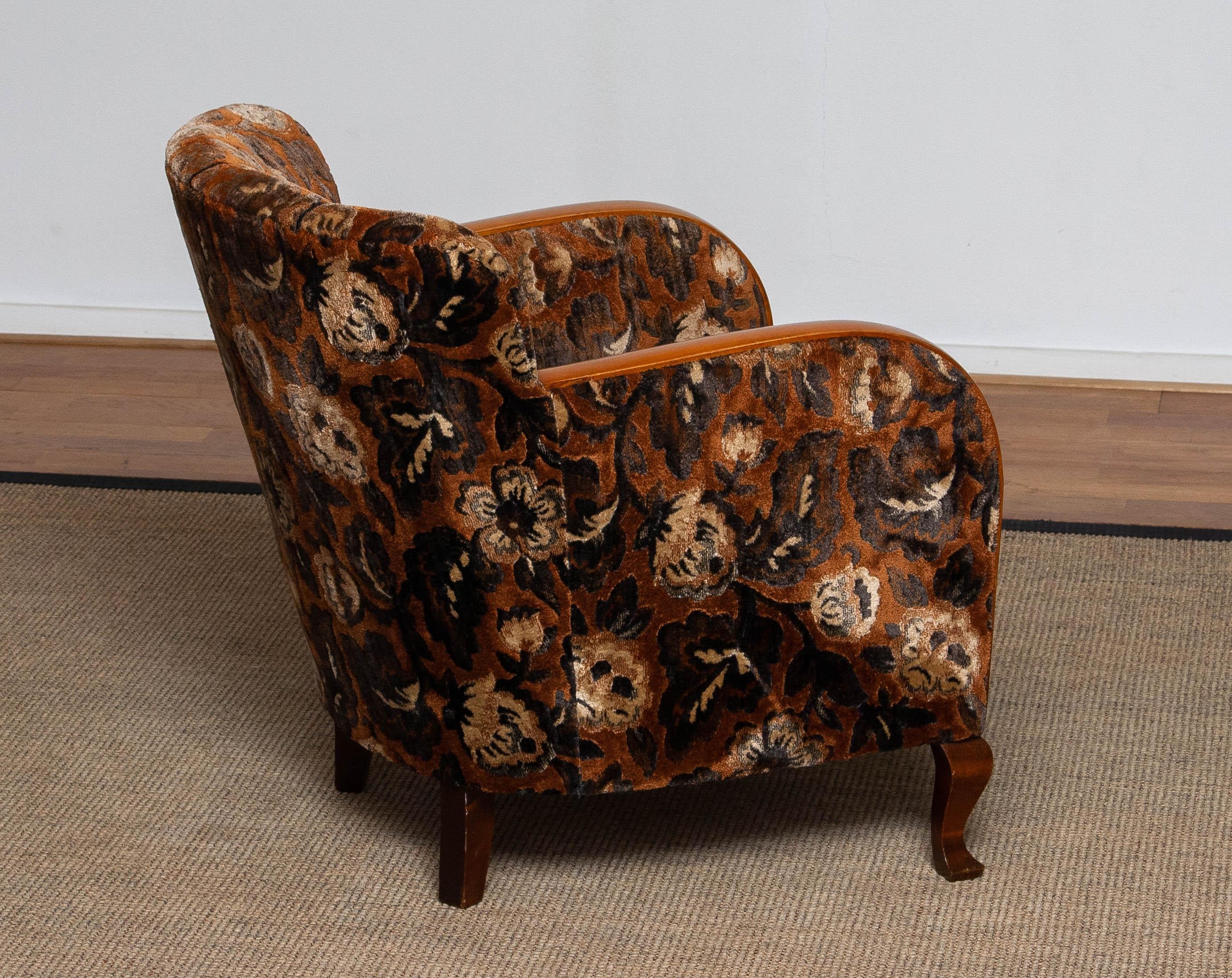 1930's Swedish Art Deco Club / Lounge Chair with Floral Rust Jacquard Velvet 1