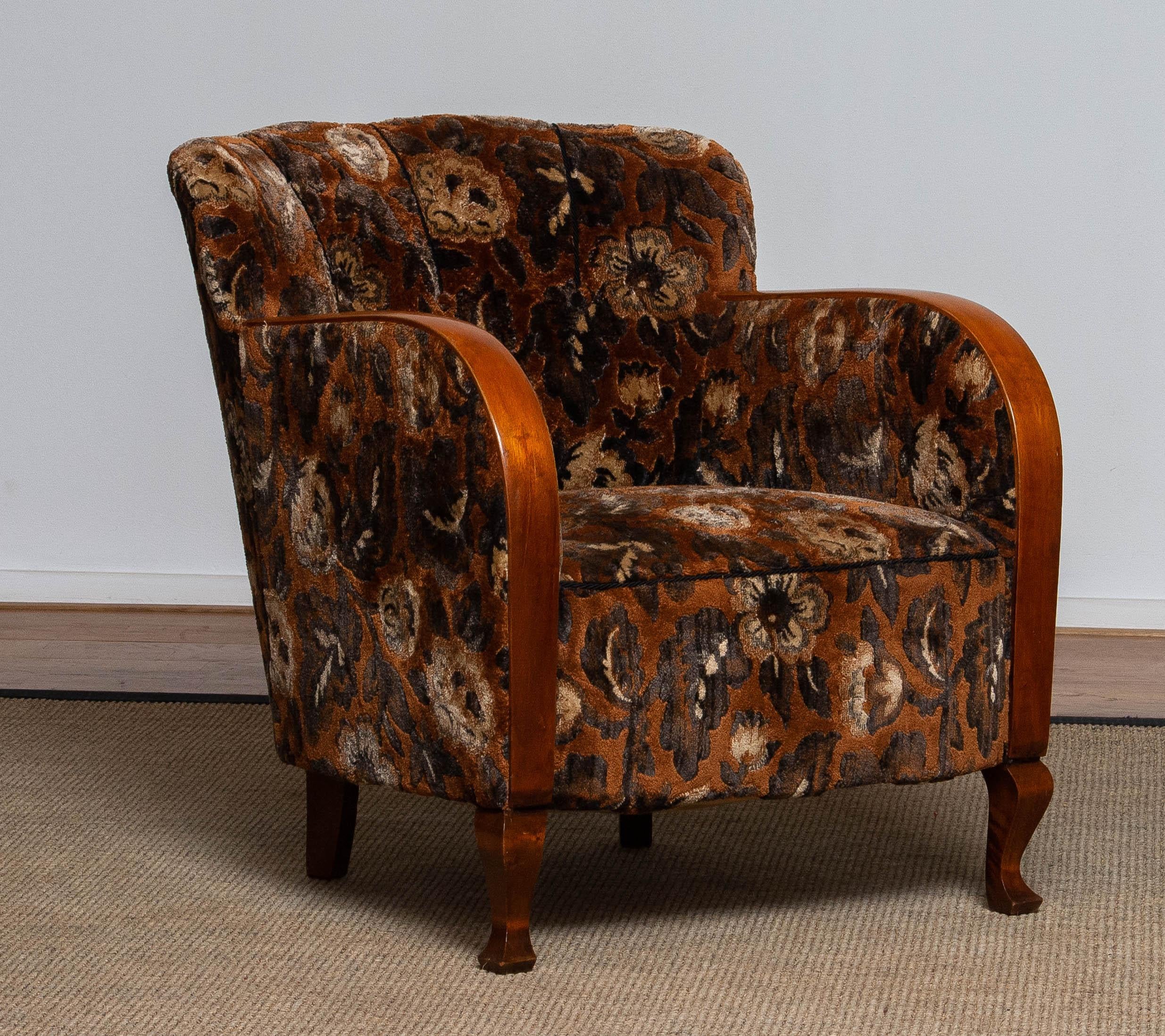 1930's Swedish Art Deco Club / Lounge Chair with Floral Rust Jacquard Velvet 2
