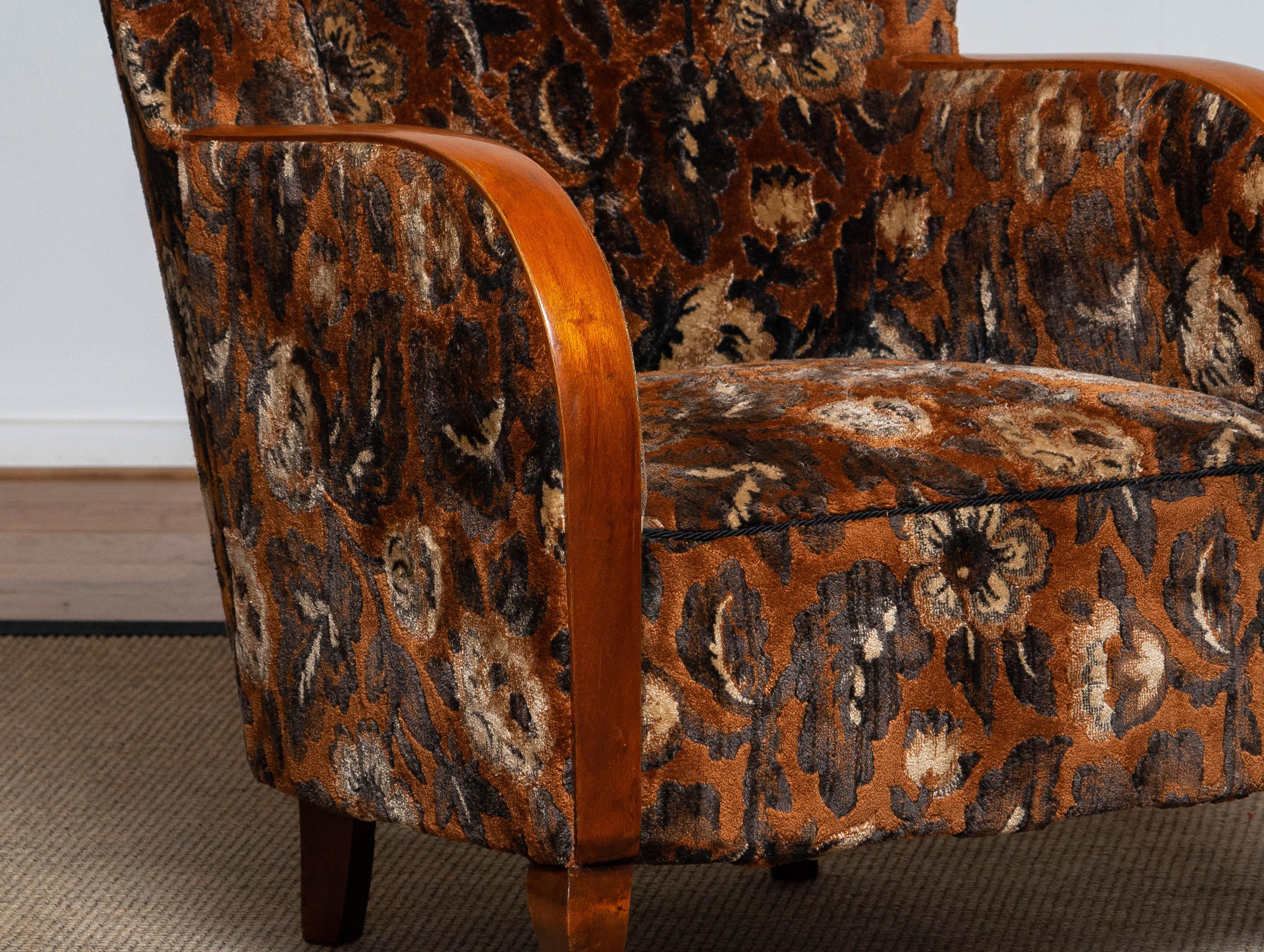 1930's Swedish Art Deco Club / Lounge Chair with Floral Rust Jacquard Velvet 3