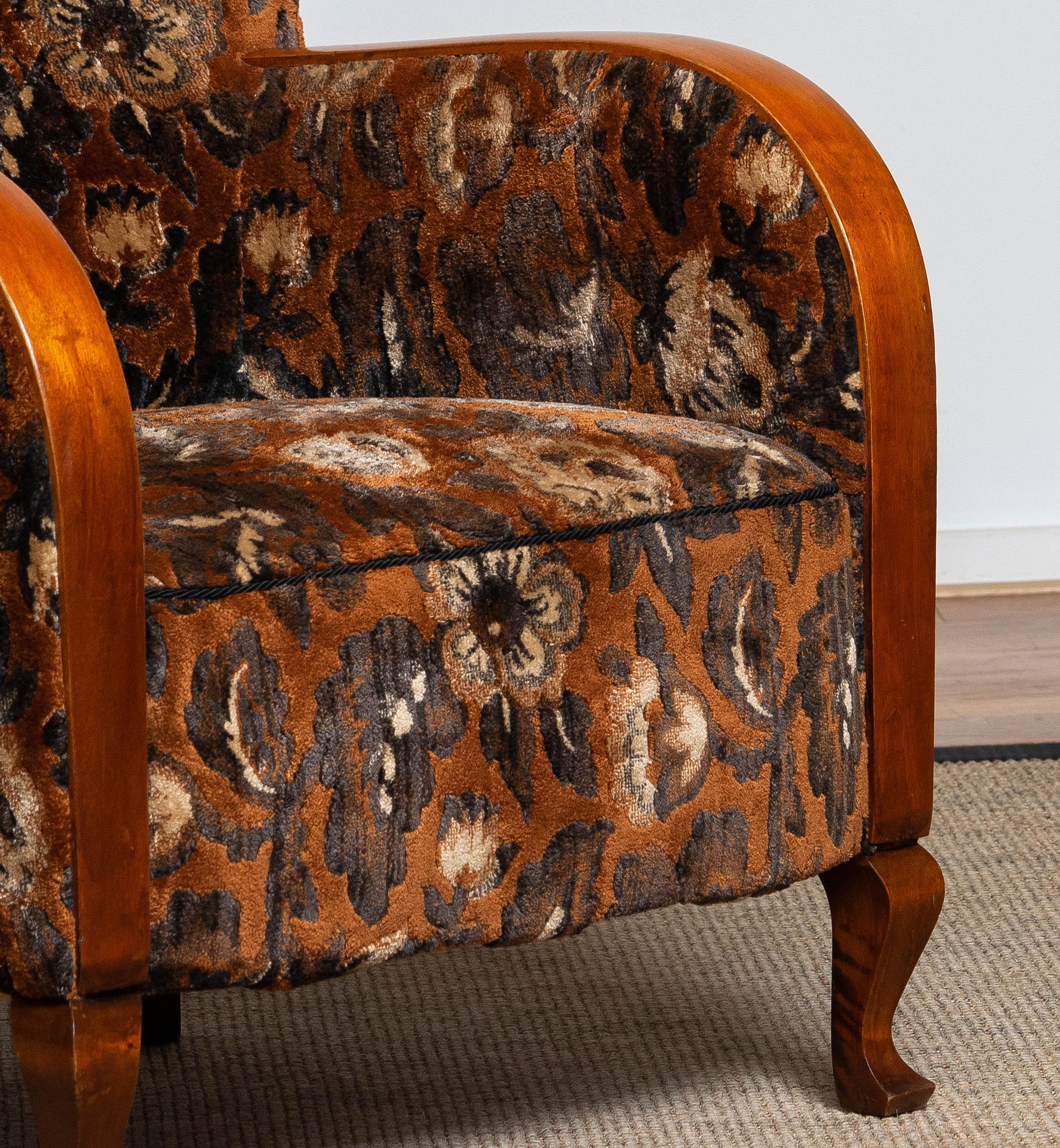 1930's Swedish Art Deco Club / Lounge Chair with Floral Rust Jacquard Velvet 4