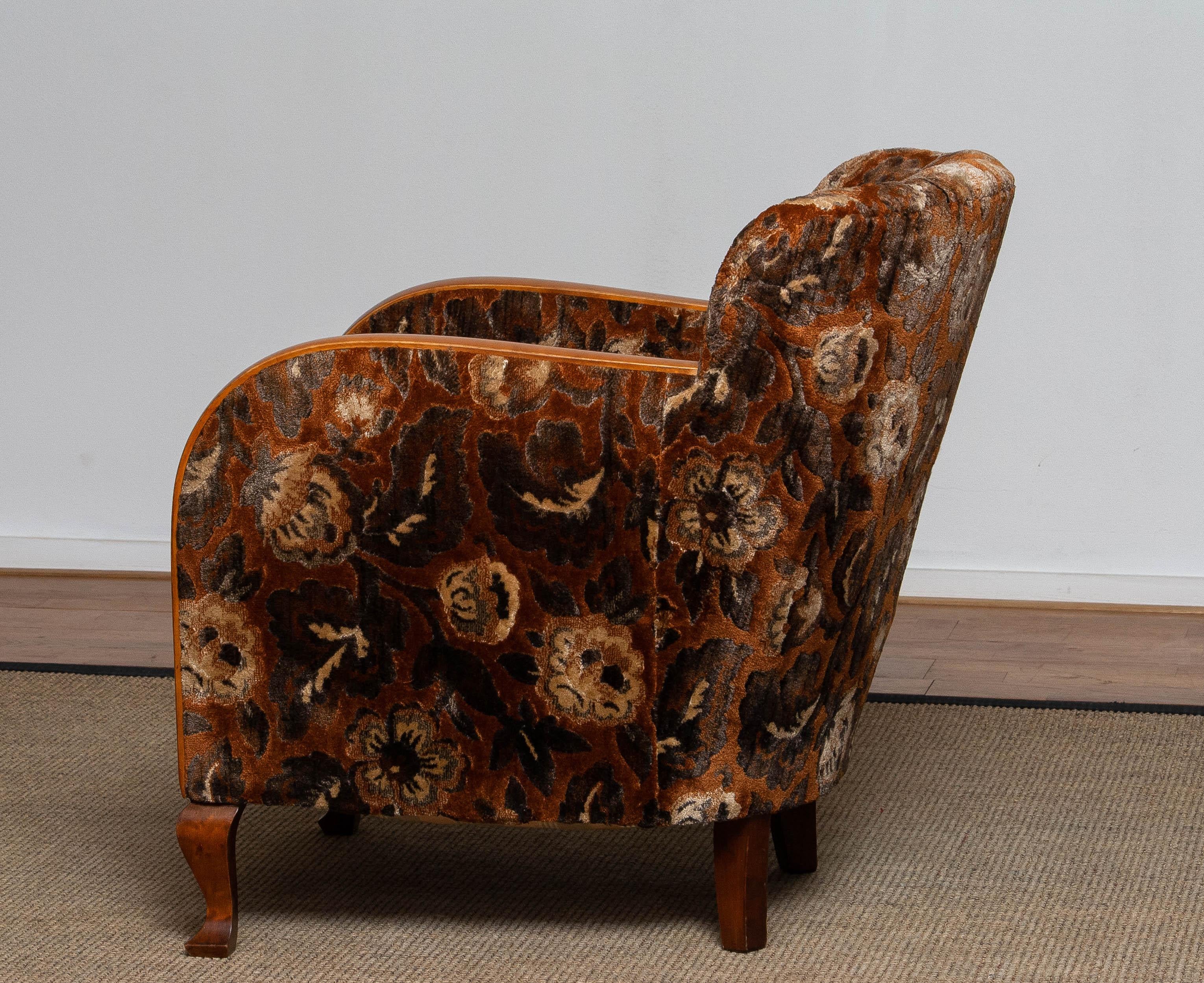 1930's Swedish Art Deco Club / Lounge Chair with Floral Rust Jacquard Velvet 5