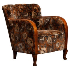 1930's Swedish Art Deco Club / Lounge Chair with Floral Rust Jacquard Velvet