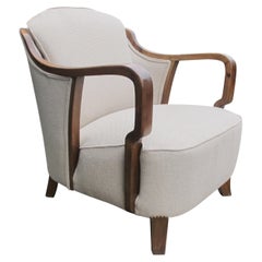1930S Swedish Art Deco Reupholstered Oak Framed Curved Armed Stylish Armchair