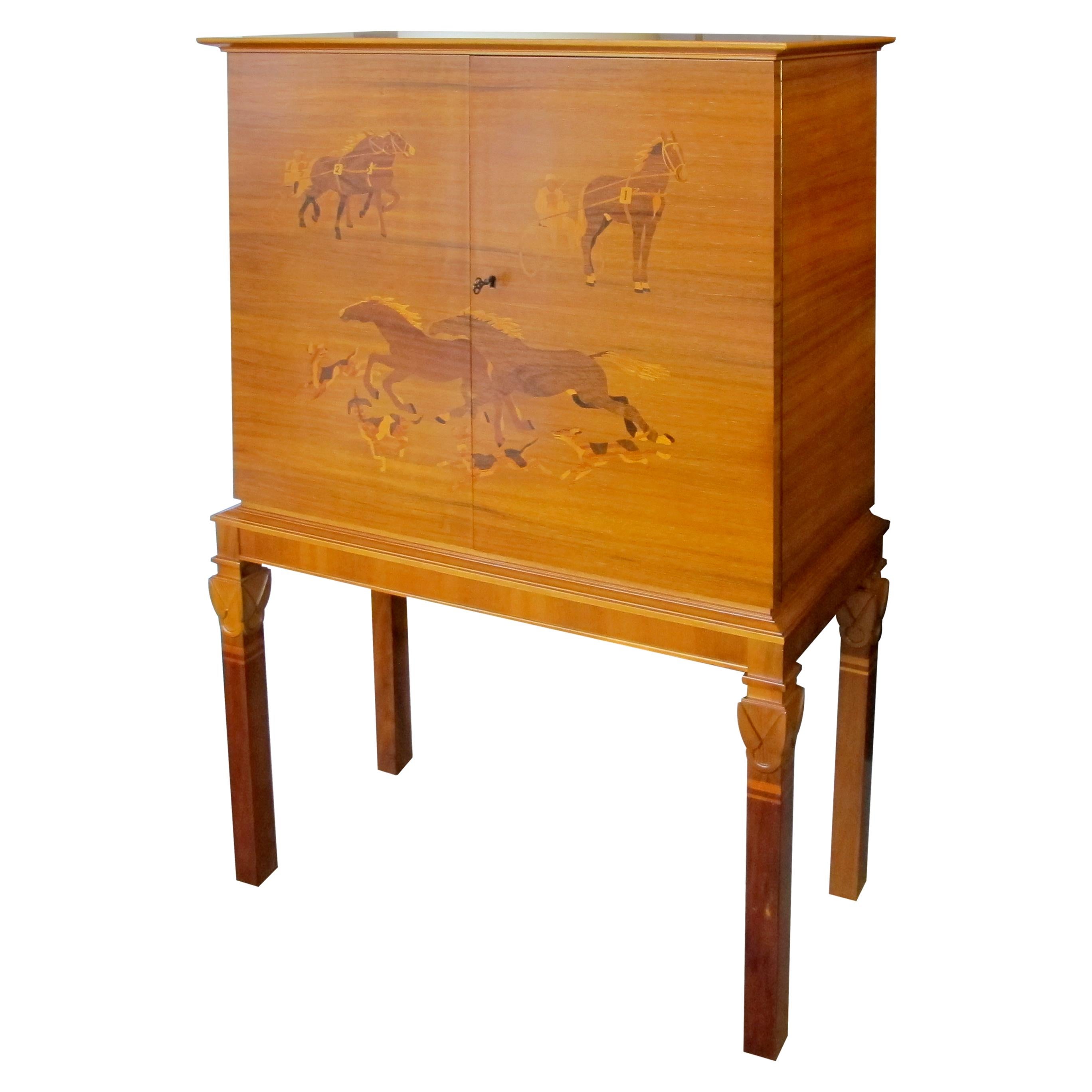 Art Deco 1930s Swedish Cabinet with Harness Racing Horses Marquetry For Sale