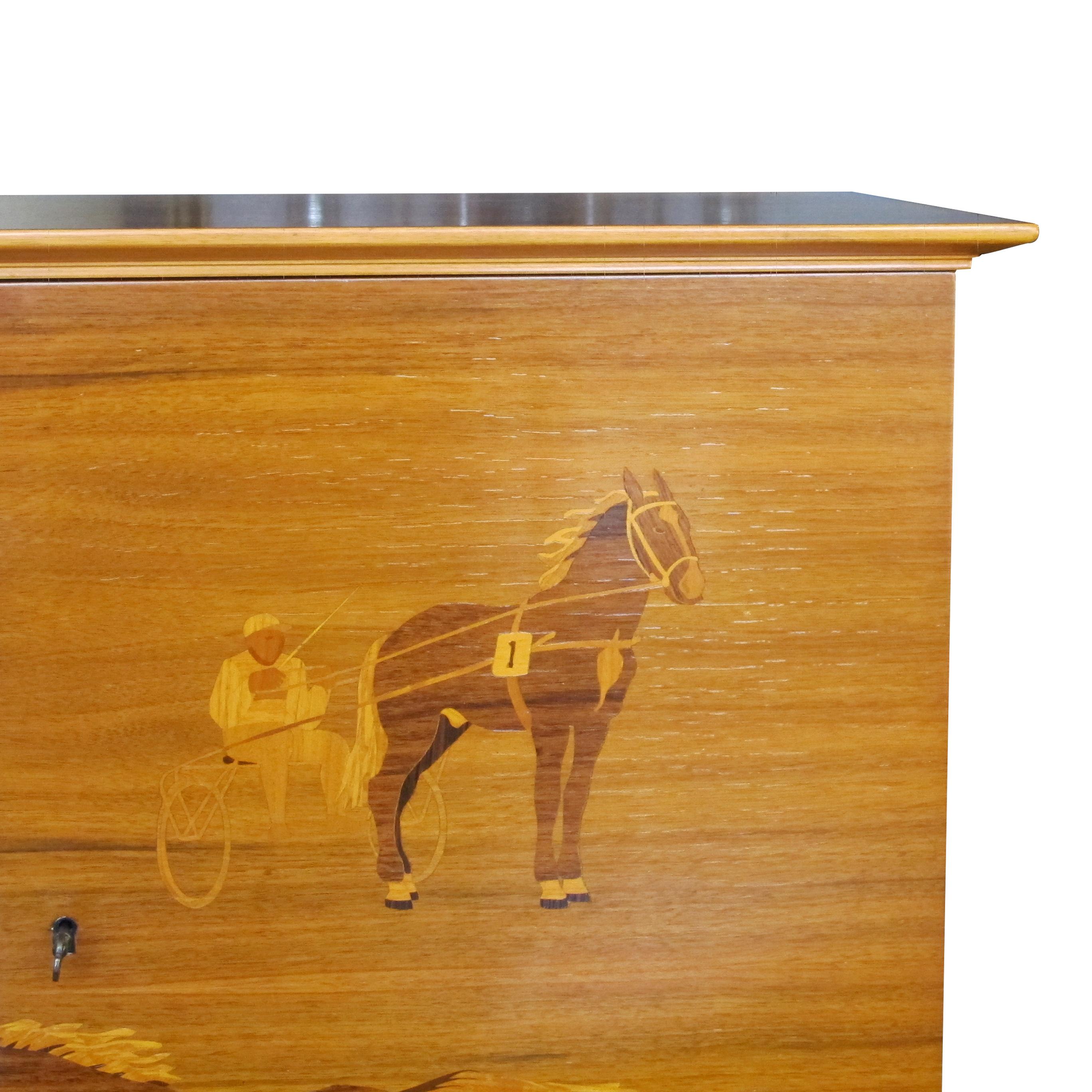 Birch 1930s Swedish Cabinet with Harness Racing Horses Marquetry For Sale