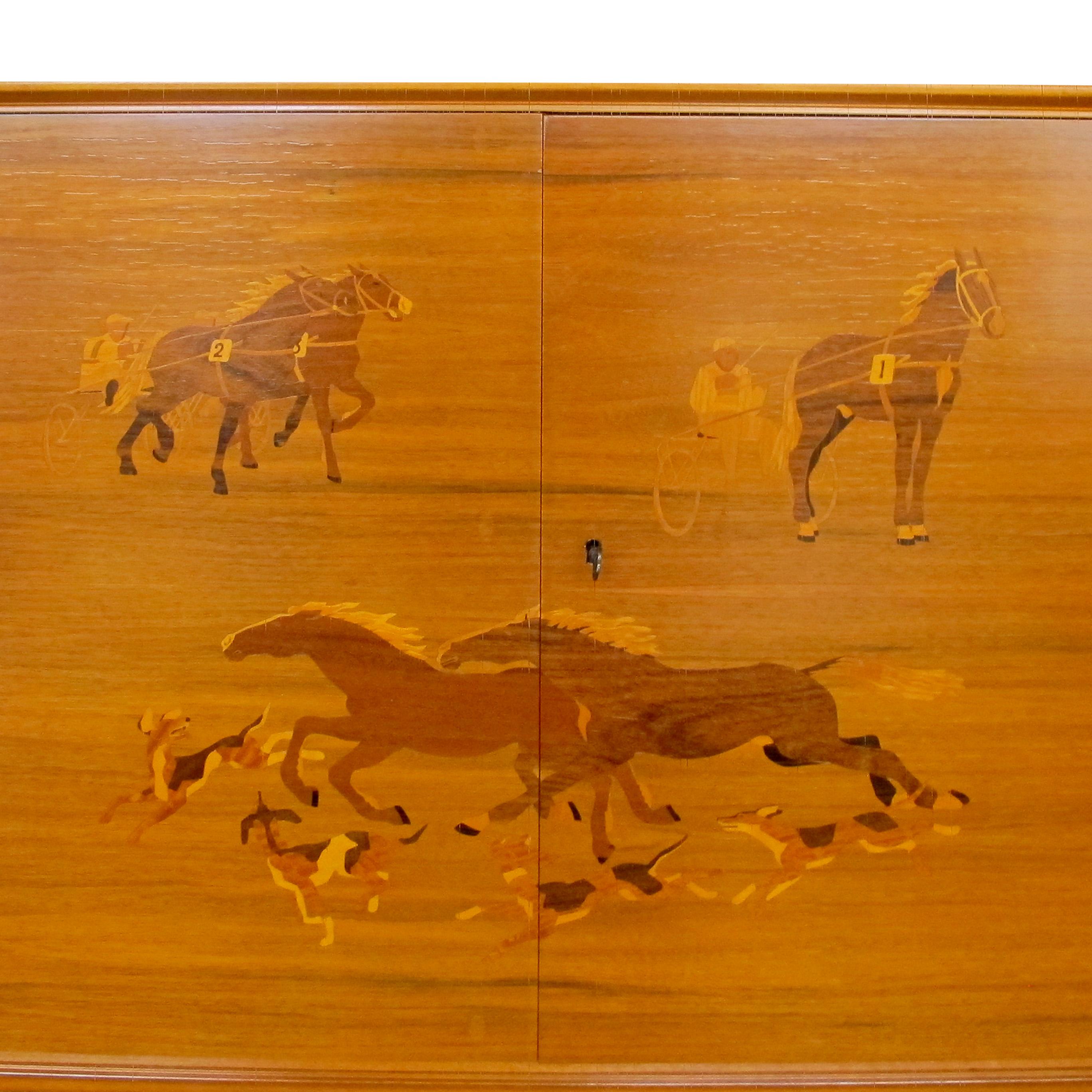 1930s Swedish Cabinet with Harness Racing Horses Marquetry For Sale 1