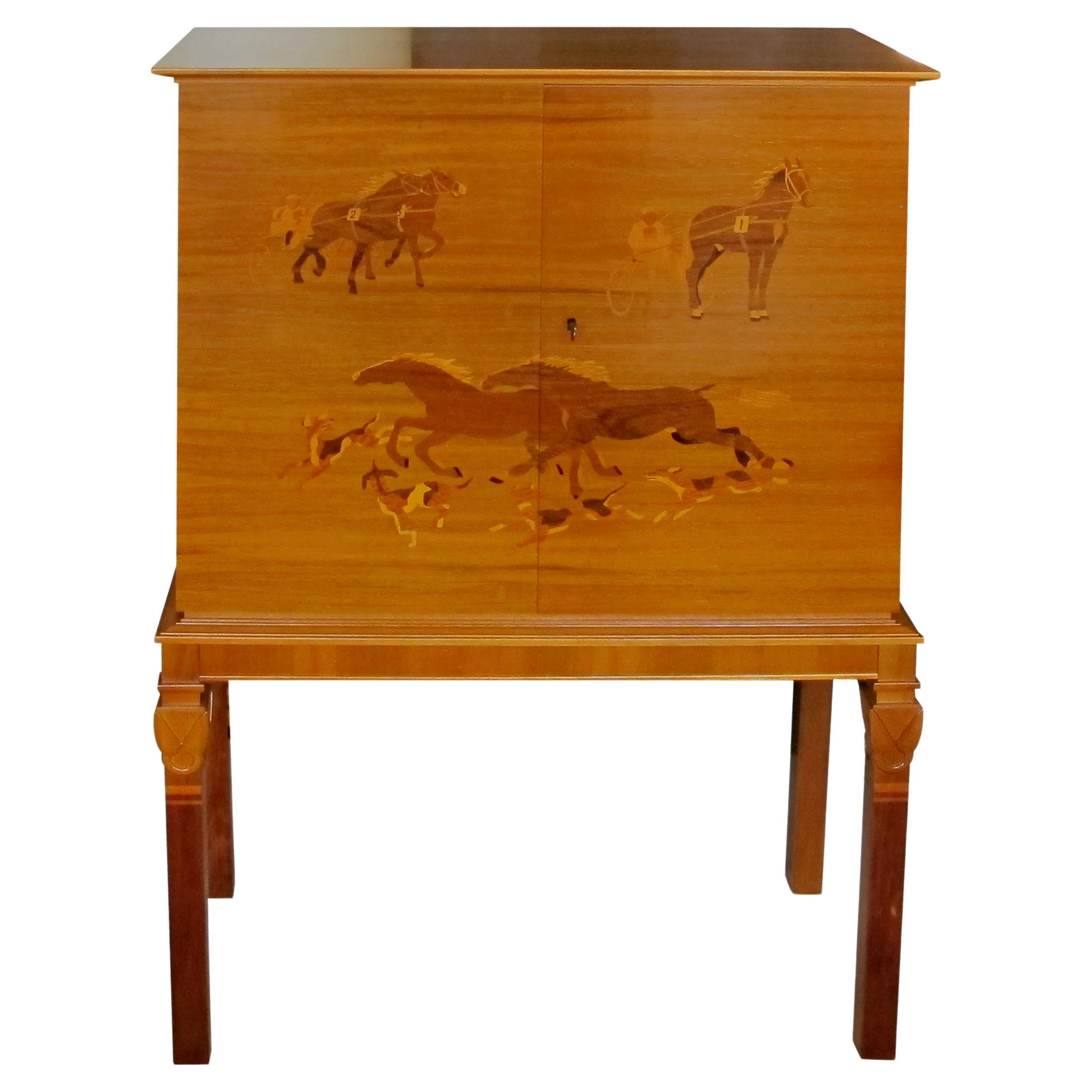 1930s Swedish Cabinet with Harness Racing Horses Marquetry For Sale