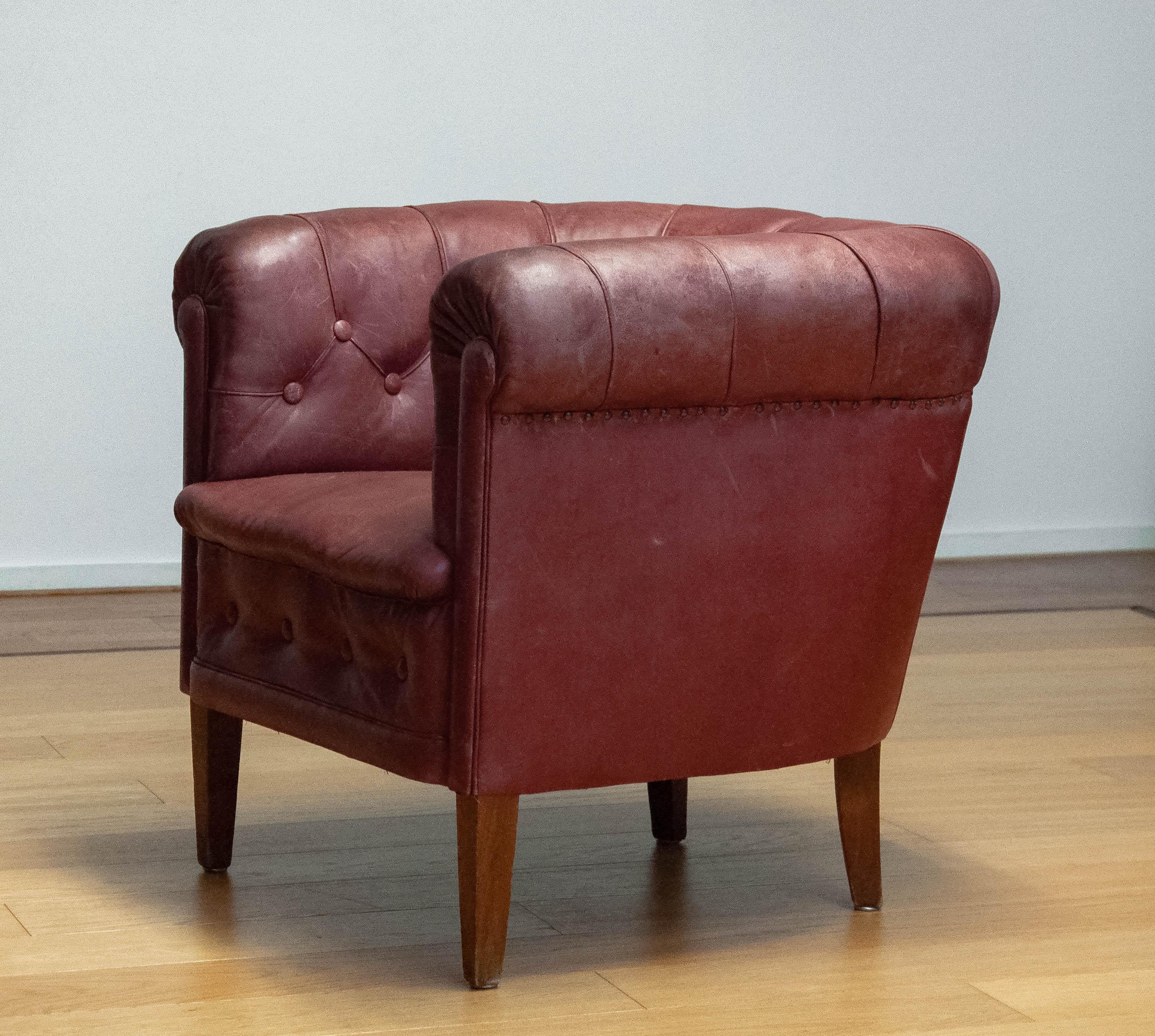 Mid-20th Century 1930s Swedish Crimson Red Chesterfield Club Chair in Patinated Leather For Sale