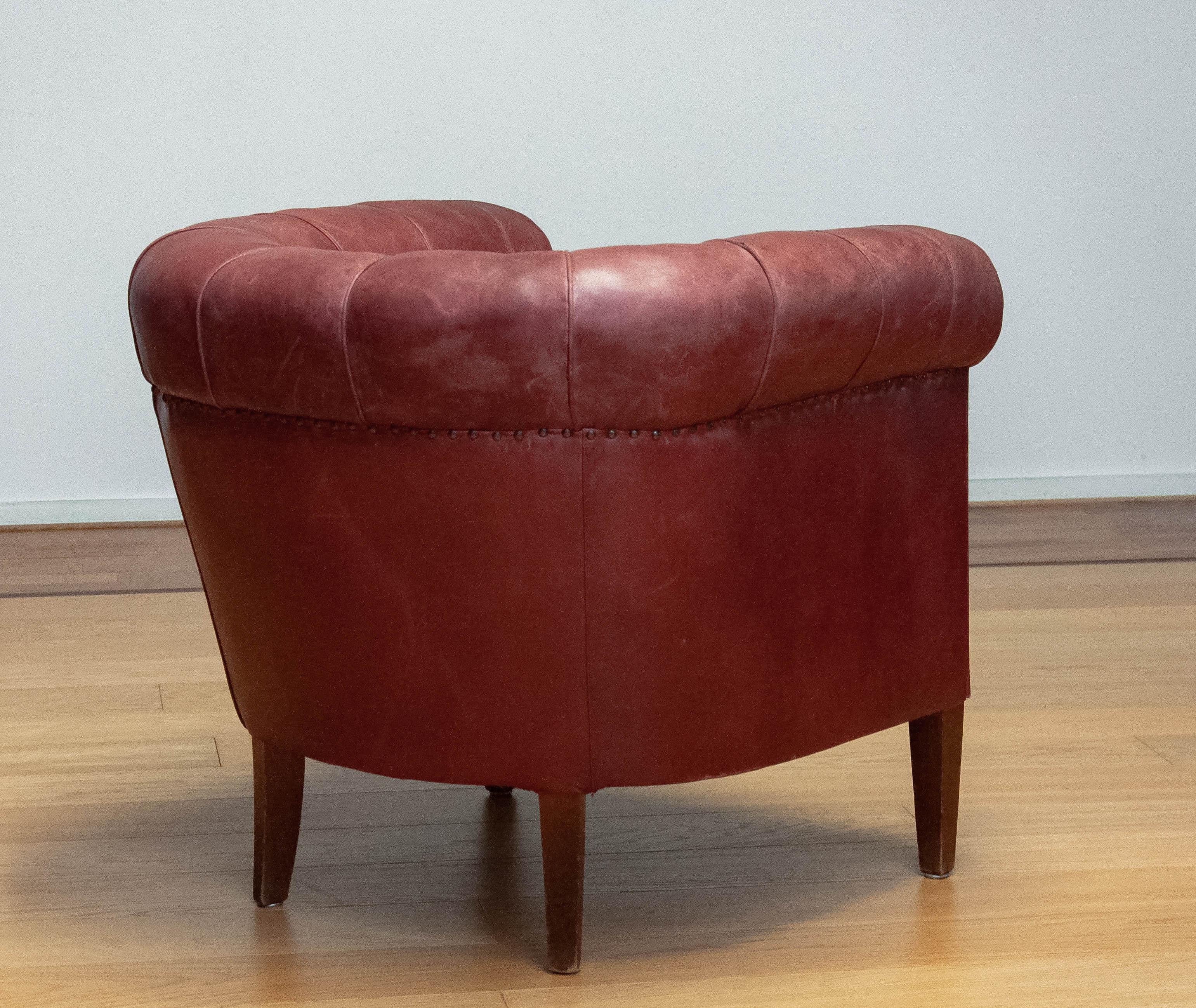 1930s Swedish Crimson Red Chesterfield Club Chair in Patinated Leather For Sale 2