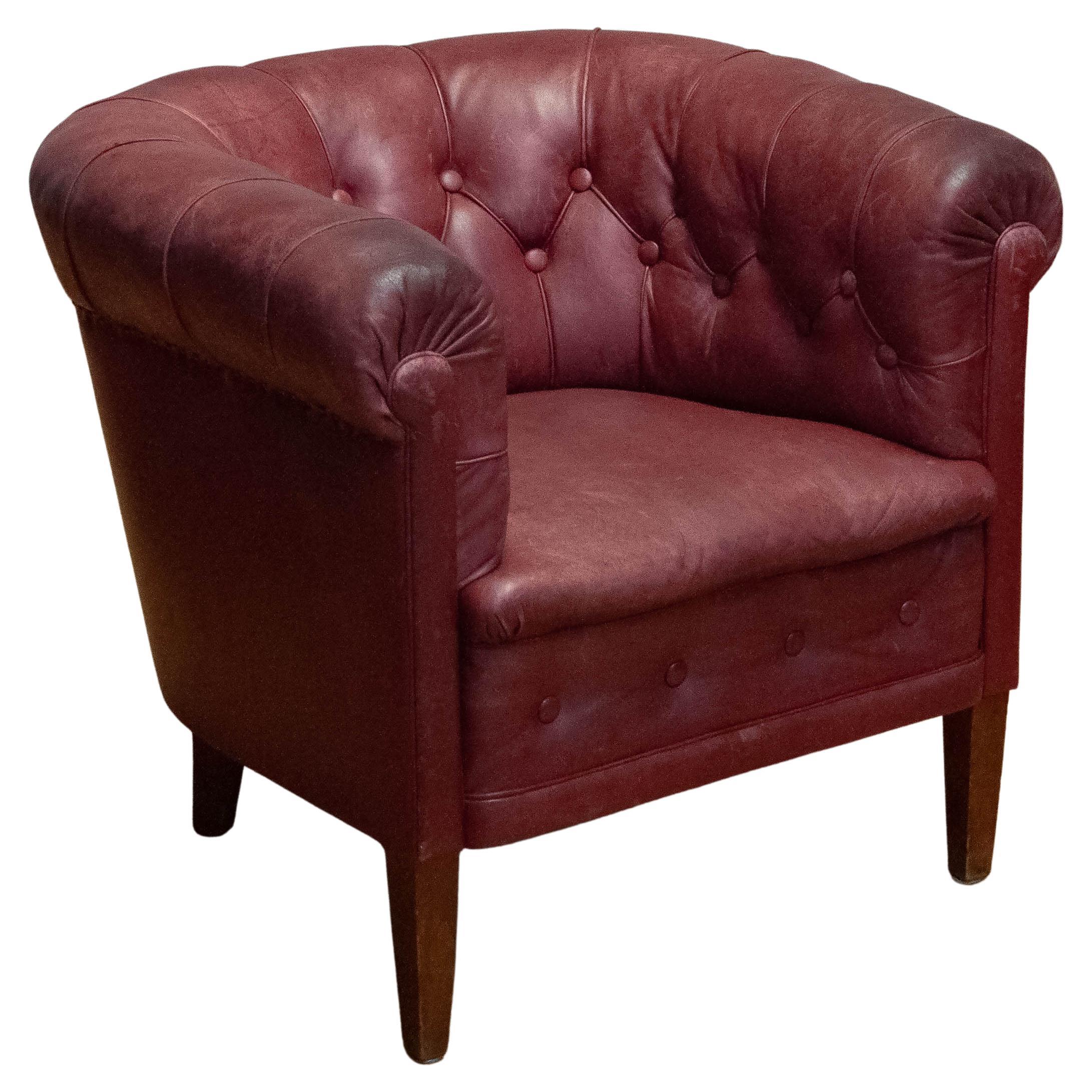 1930s Swedish Crimson Red Chesterfield Club Chair in Patinated Leather For Sale
