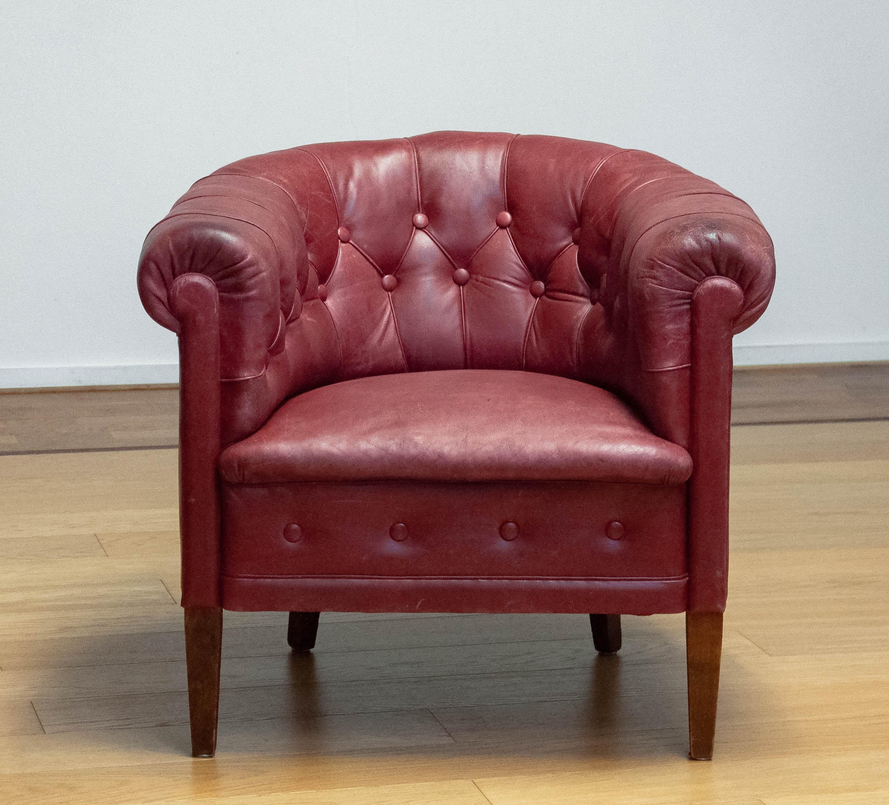 1930s Swedish Crimson Red Chesterfield Club / Lounge Chair in Patinated Leather For Sale 5