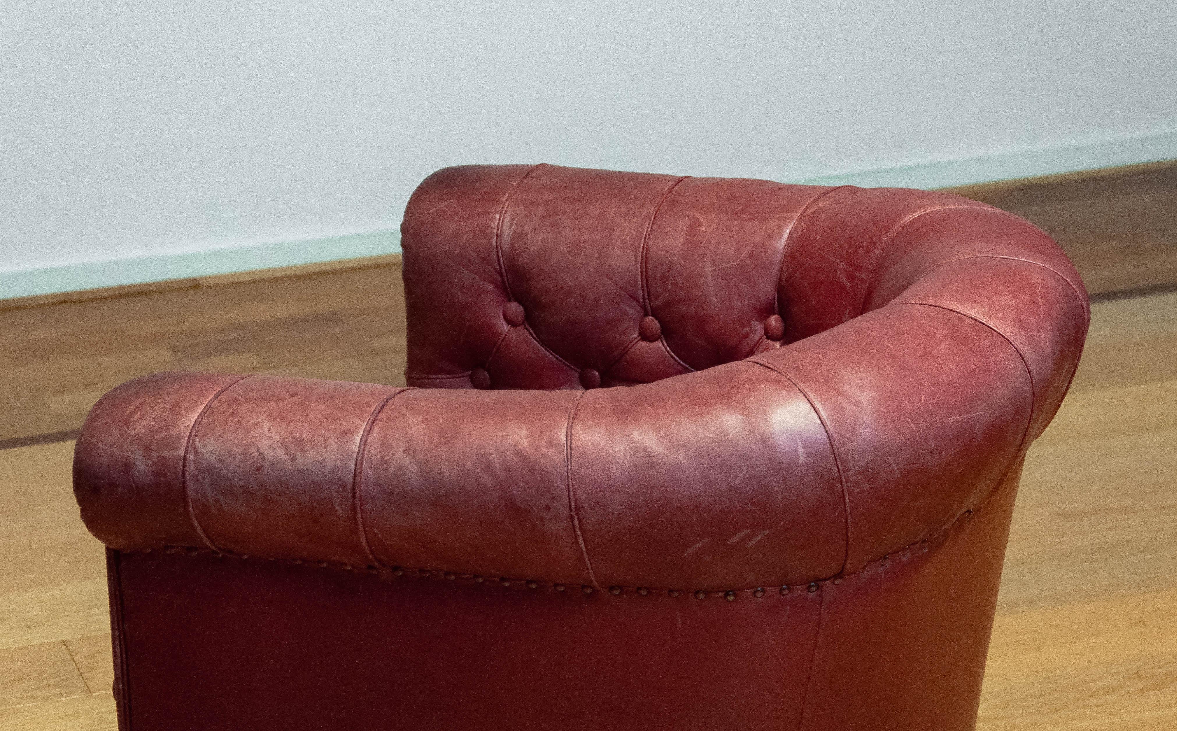 Mid-20th Century 1930s Swedish Crimson Red Chesterfield Club / Lounge Chair in Patinated Leather For Sale
