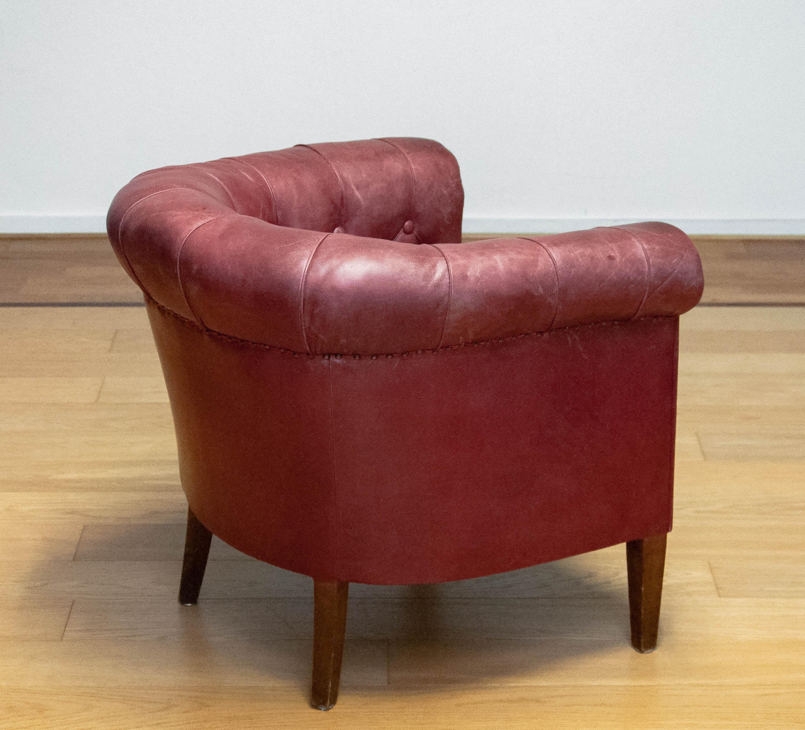 1930s Swedish Crimson Red Chesterfield Club / Lounge Chair in Patinated Leather For Sale 1