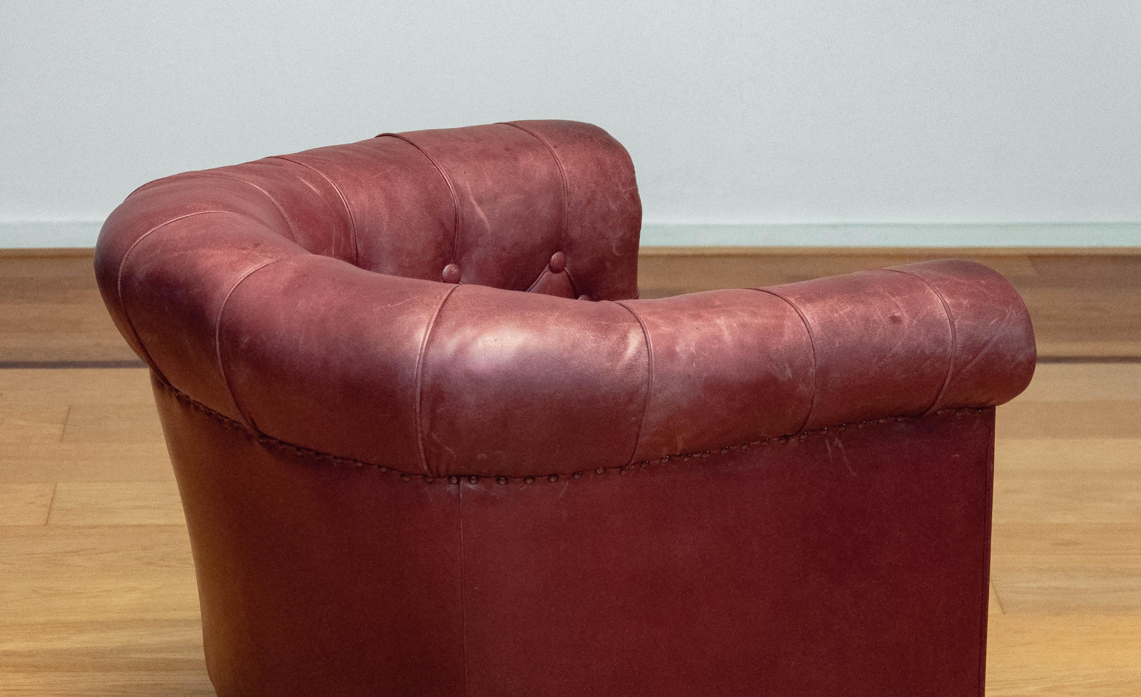 1930s Swedish Crimson Red Chesterfield Club / Lounge Chair in Patinated Leather For Sale 2