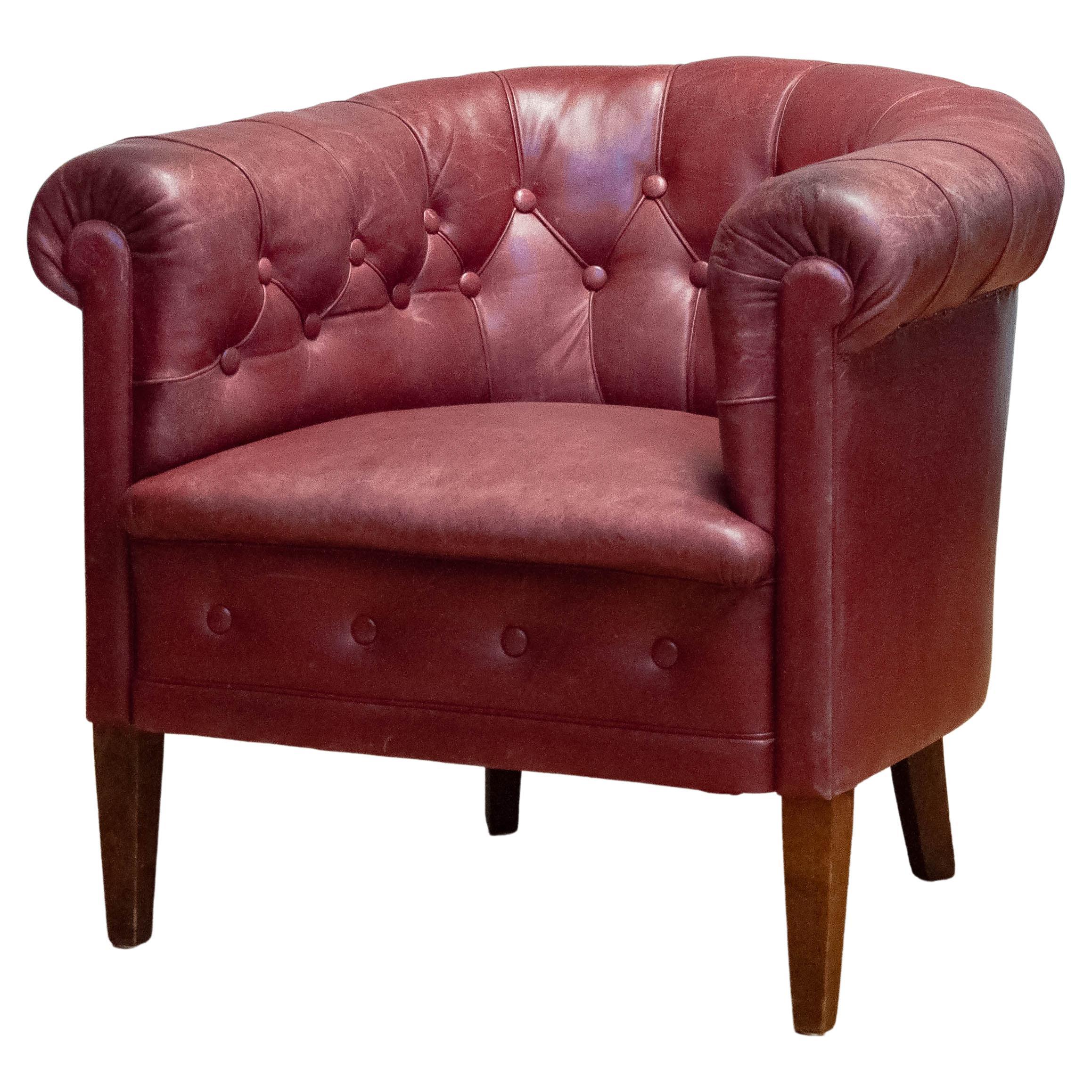 1930s Swedish Crimson Red Chesterfield Club / Lounge Chair in Patinated Leather For Sale