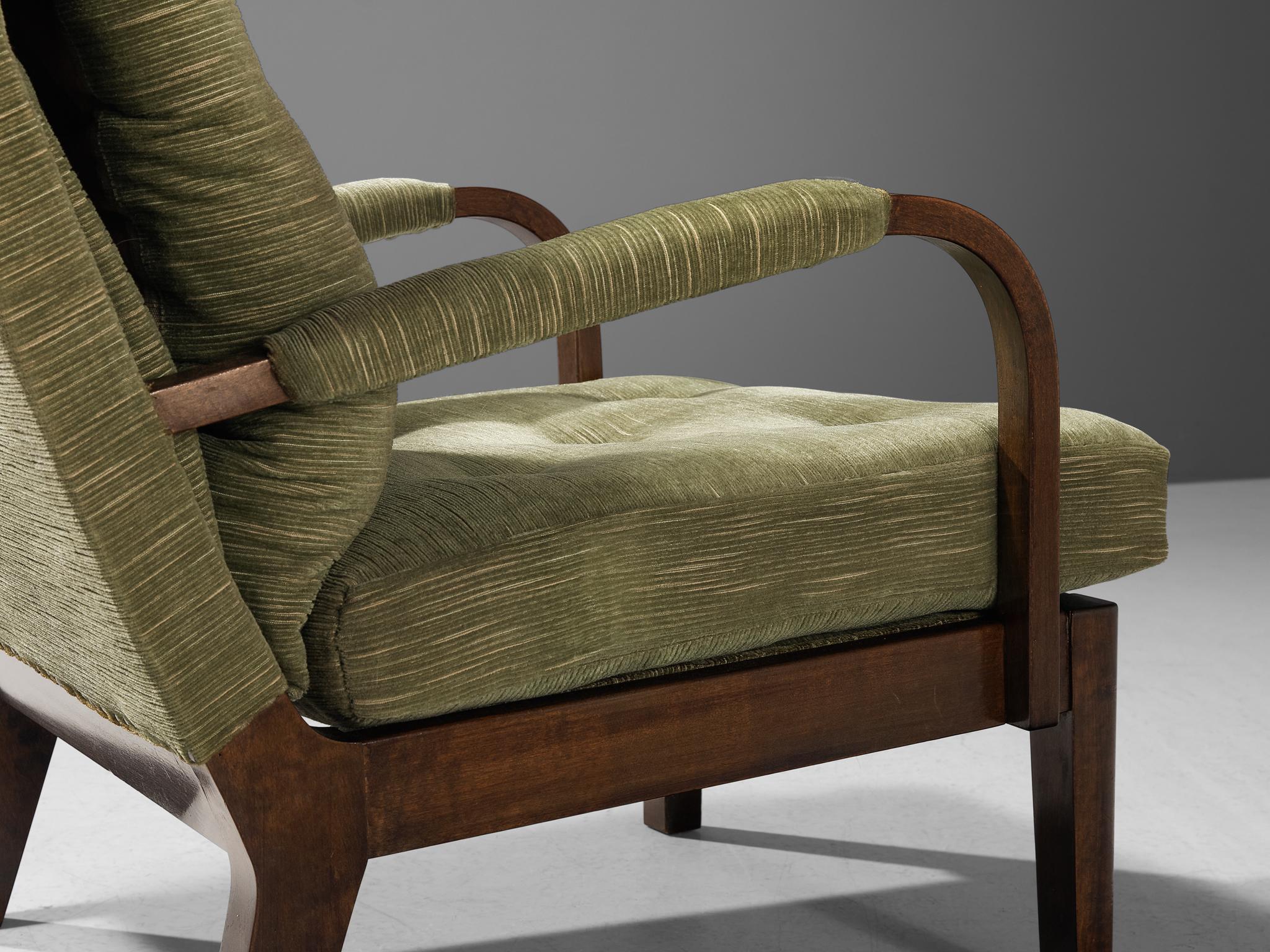 Scandinavian Modern 1930s Swedish Easy Chair in Olive Green Upholstery For Sale