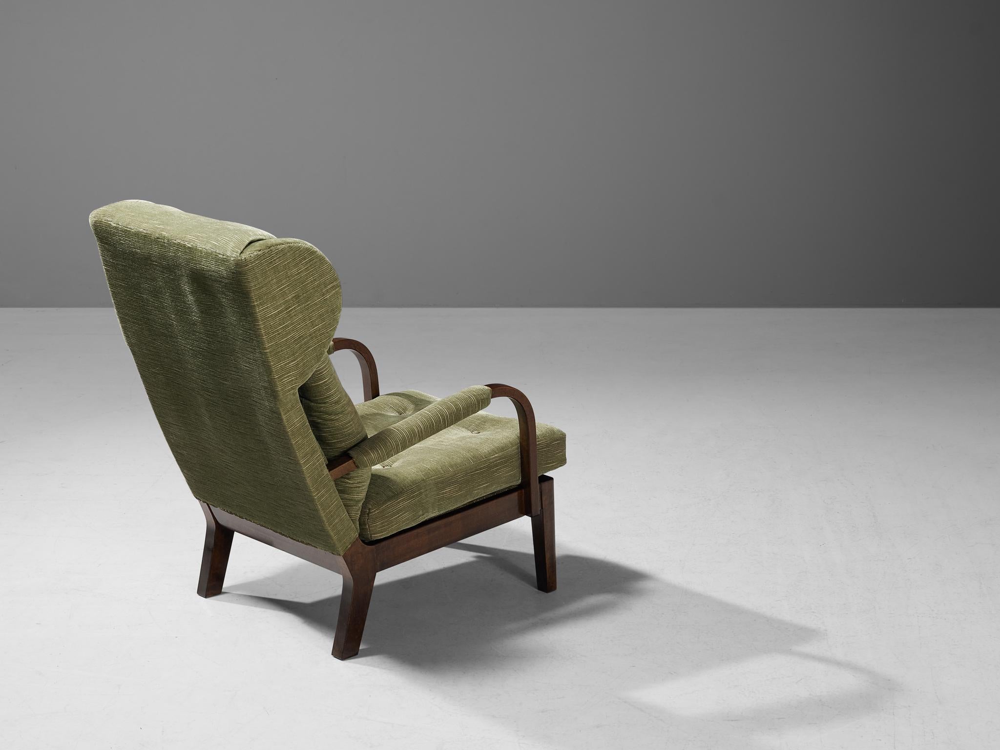 Beech 1930s Swedish Easy Chair in Olive Green Upholstery For Sale