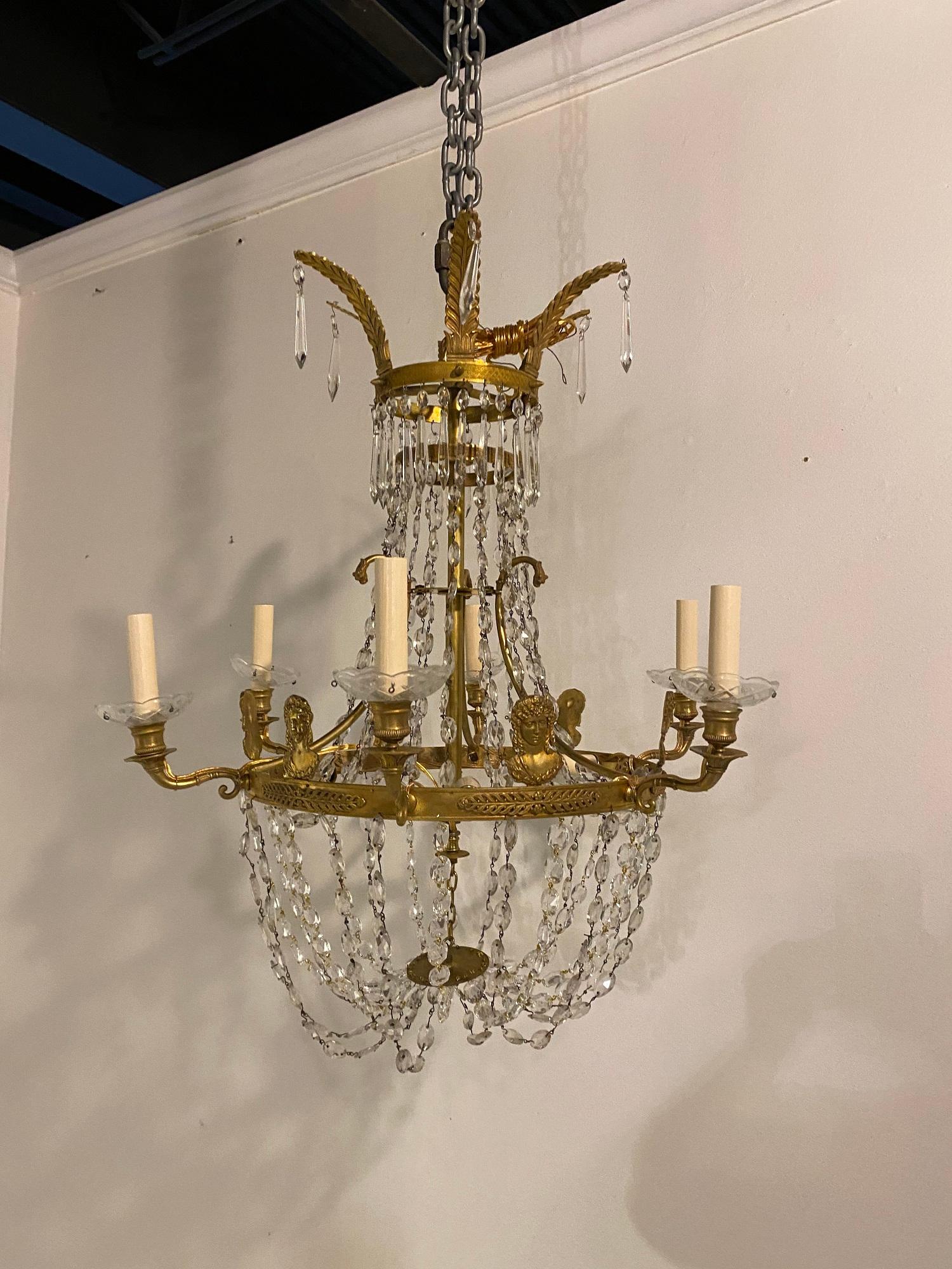 1930’s Swedish Empire 6 lights Chandelier  In Good Condition For Sale In New York, NY