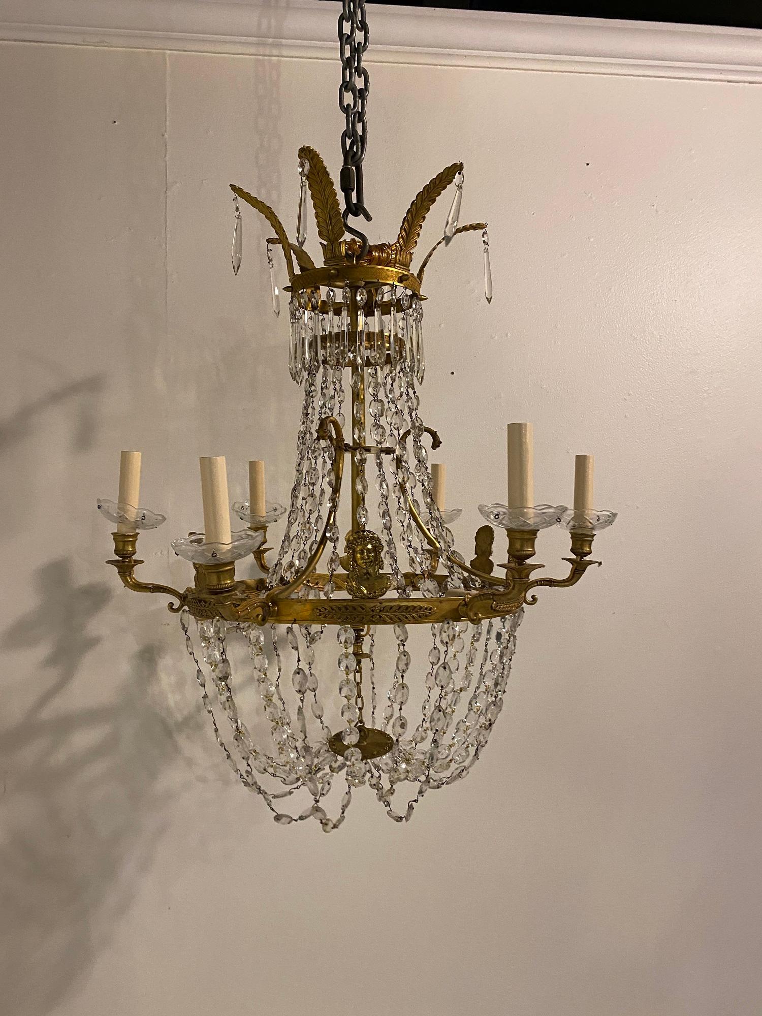 Mid-20th Century 1930’s Swedish Empire 6 lights Chandelier  For Sale