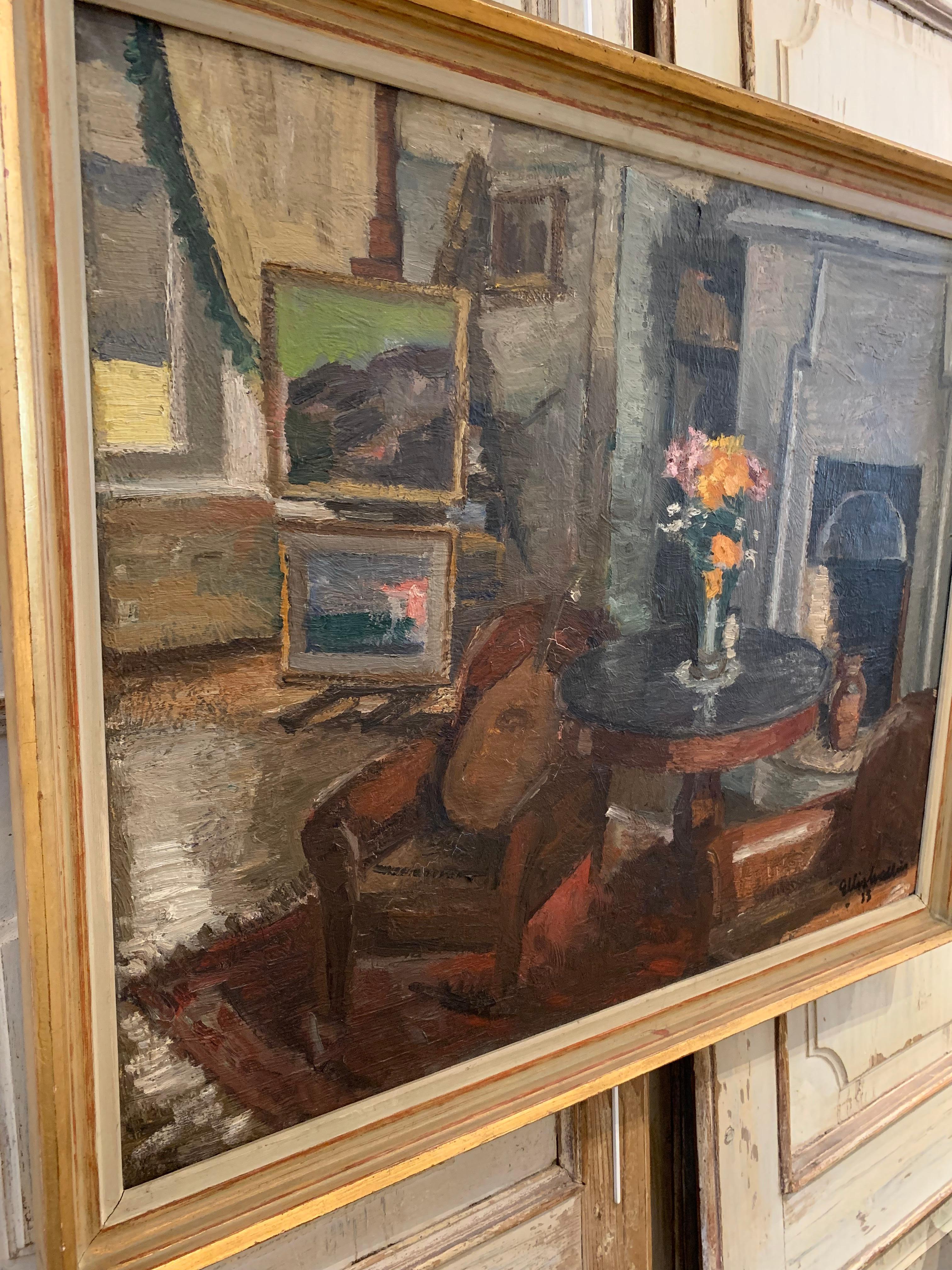 Peinture d'intérieur encadrée à l'huile sur toile de l'artiste Ellis Wallin, Suède, années 1930 en vente 4