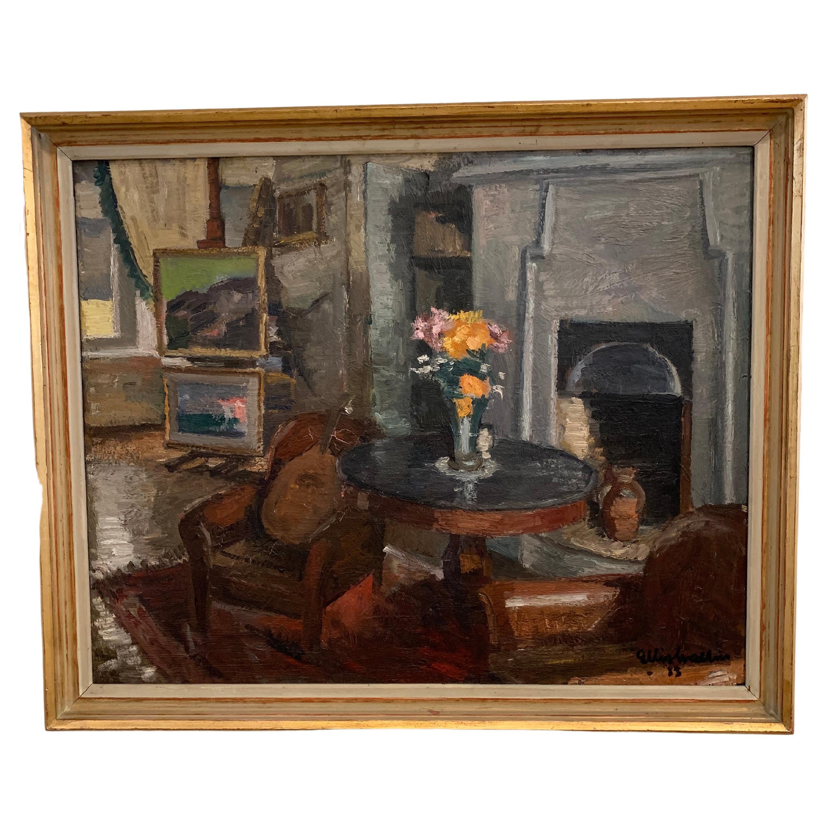 Peinture d'intérieur encadrée à l'huile sur toile de l'artiste Ellis Wallin, Suède, années 1930