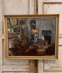 1930 Óleo sobre lienzo enmarcado sueco de Interior