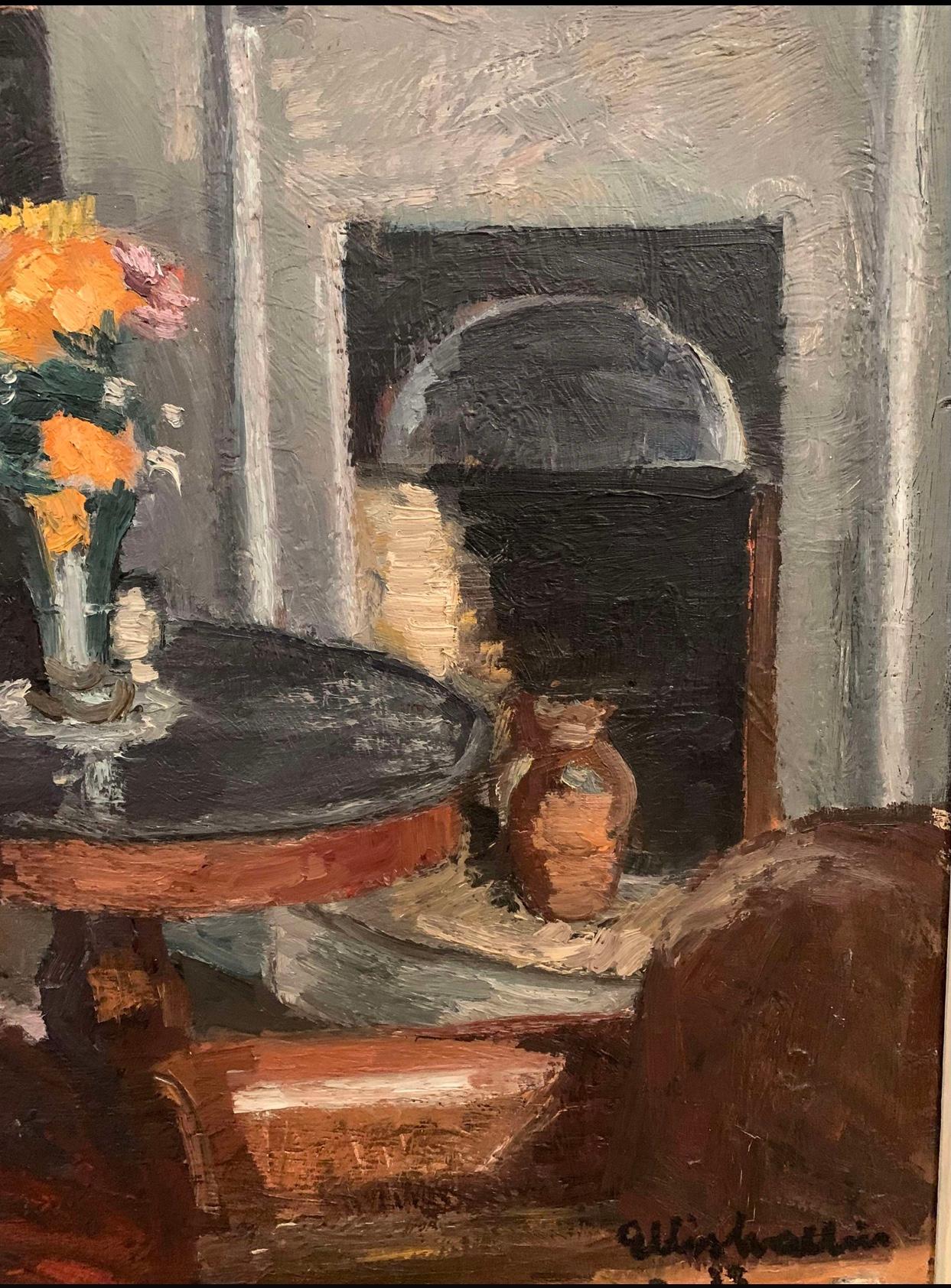 Dipinto a mano Olio su tela svedese incorniciato del 1930 raffigurante un interno in vendita