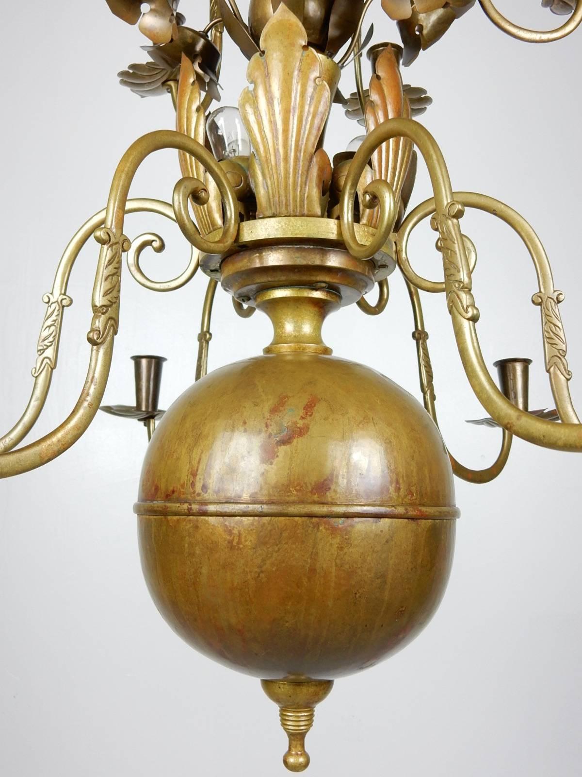 Art Deco 1930s Swedish Grace Brass Floral Chandelier by Lars Holmstrom, Arvika, Sweden