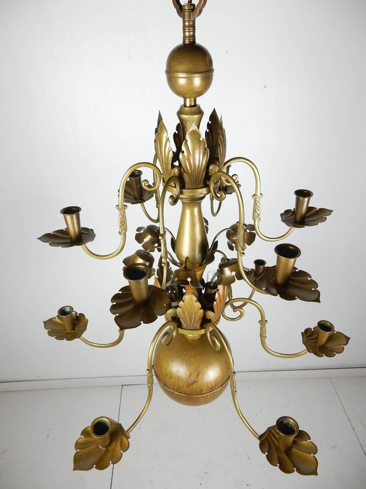 1930s Swedish Grace Brass Floral Chandelier by Lars Holmstrom, Arvika, Sweden 1