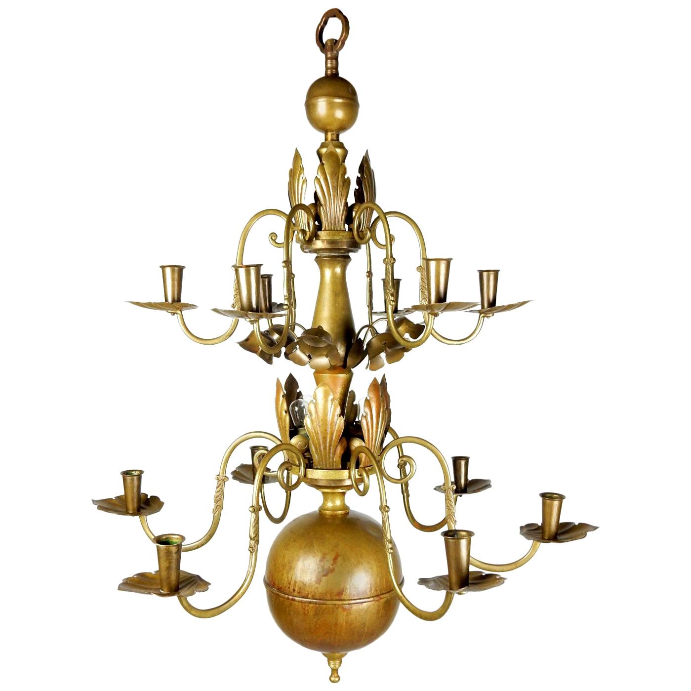 1930s Swedish Grace Brass Floral Chandelier by Lars Holmstrom, Arvika, Sweden