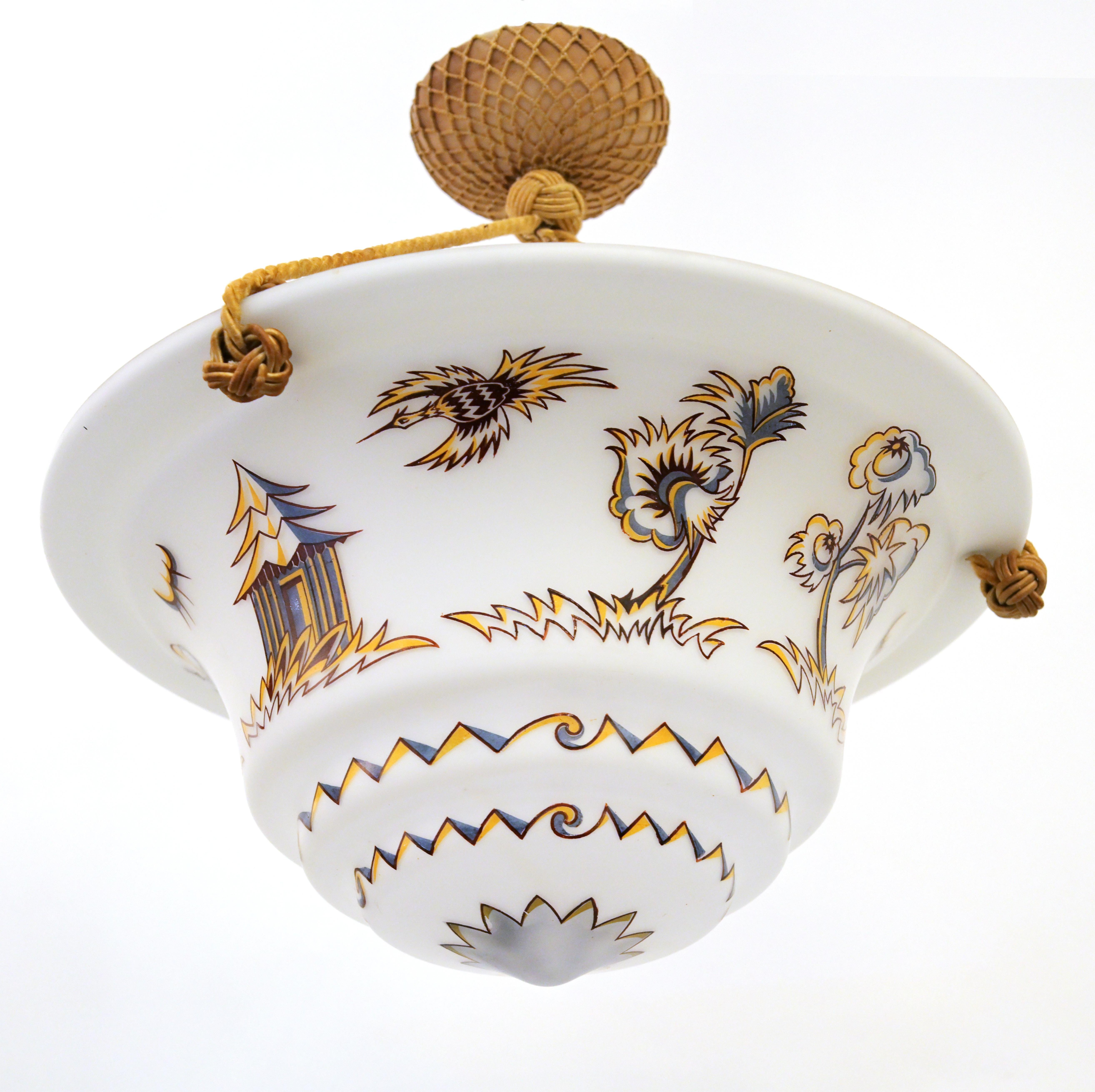 1930s Swedish Grace Opaline Glass Cup Pendant with Palm Trees and Pagodas 2