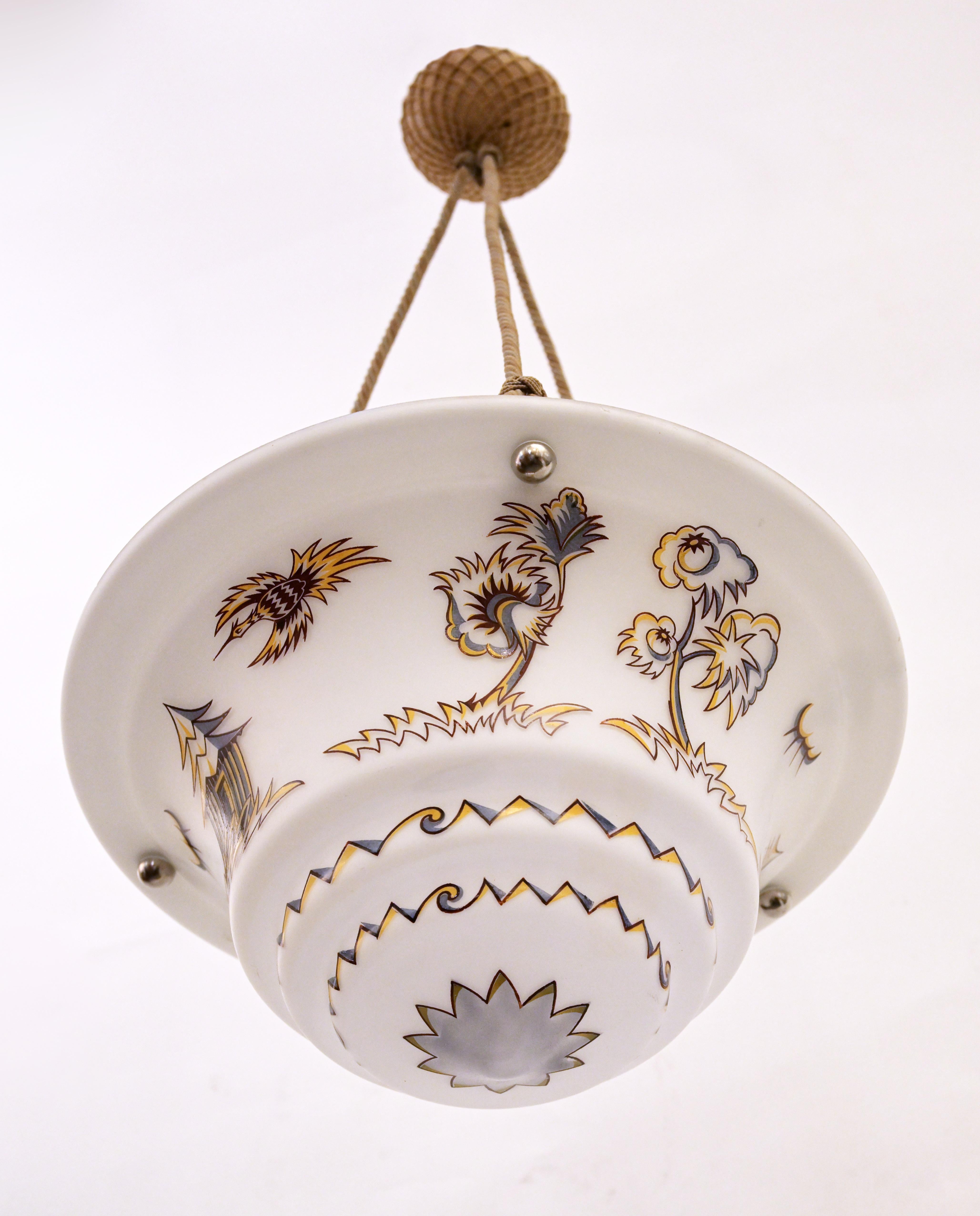 Mid-20th Century 1930s Swedish Grace Opaline Glass Cup Pendant with Palm Trees and Pagodas