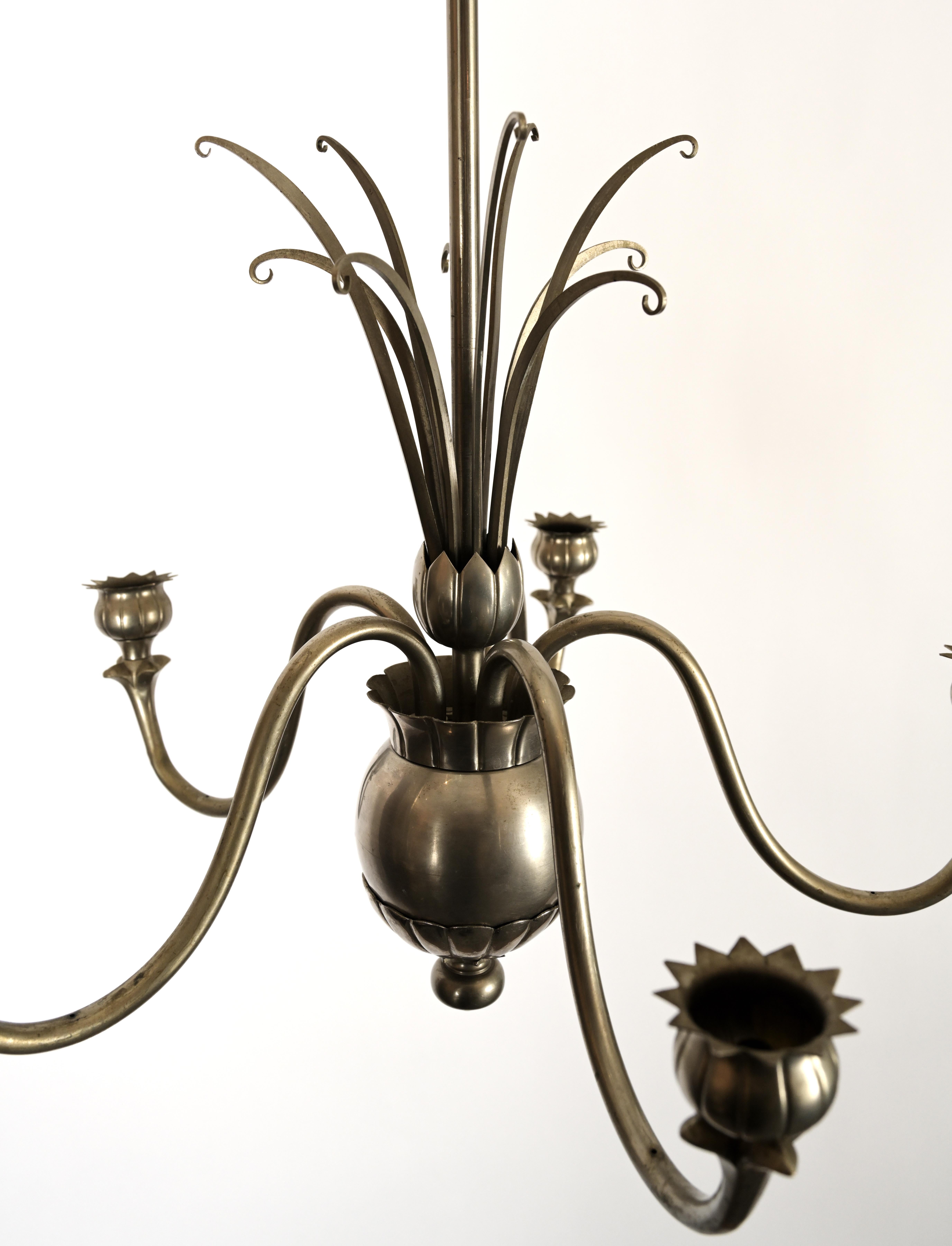 1930s Swedish Grace Tole Pewter Chandelier In Good Condition In New York, NY