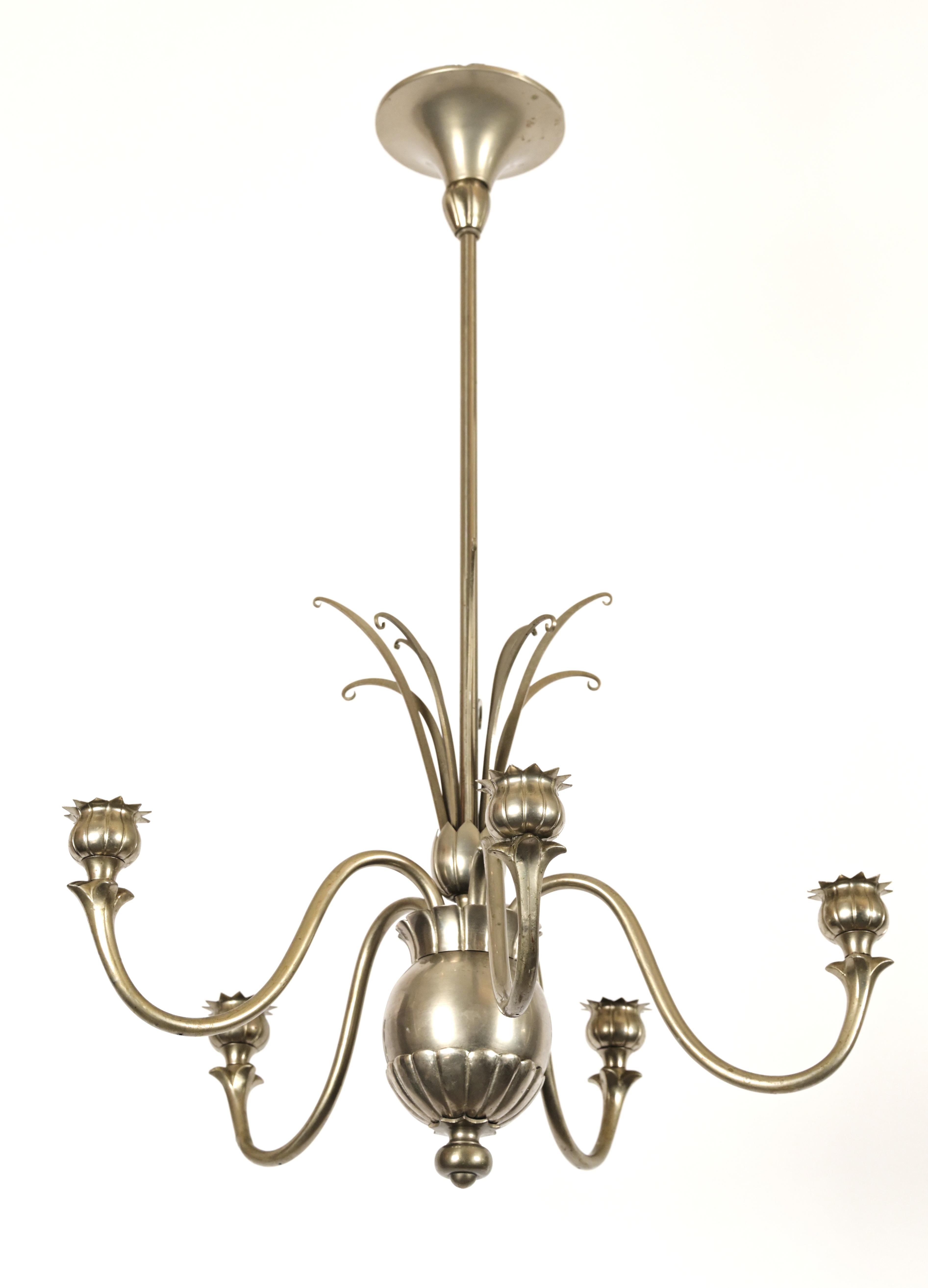 Mid-20th Century 1930s Swedish Grace Tole Pewter Chandelier