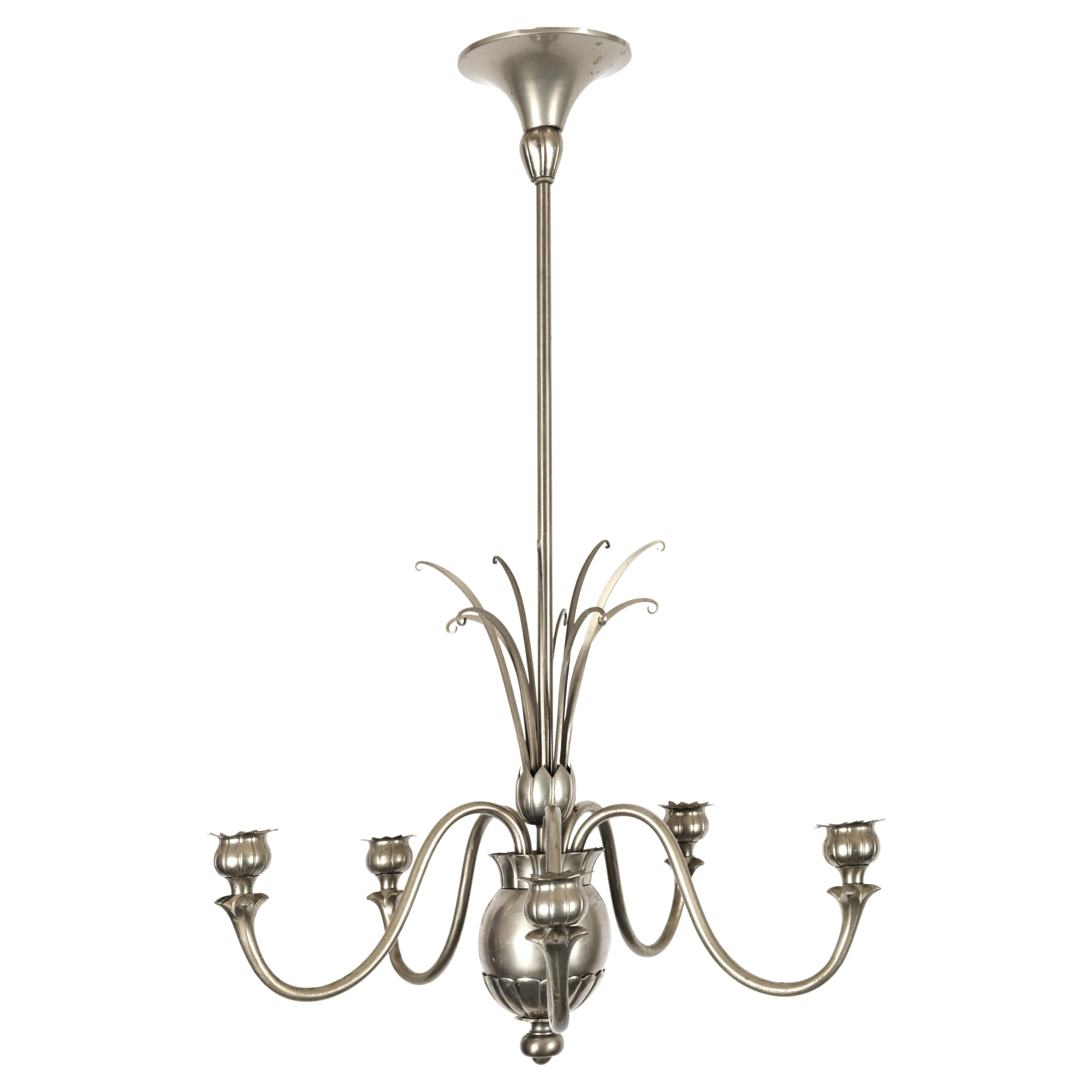 1930s Swedish Grace Tole Pewter Chandelier