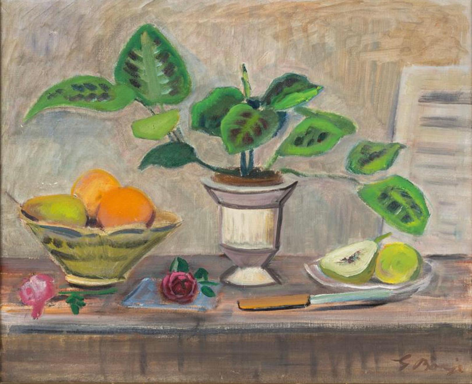 Un dipinto decorativo a olio su tela dell'artista svedese Gideon Borje, che nel corso della sua carriera ha viaggiato molto in Europa ed era conosciuto sia per il suo stile modernista che per le tradizioni classiche.
incastonata in una cornice di